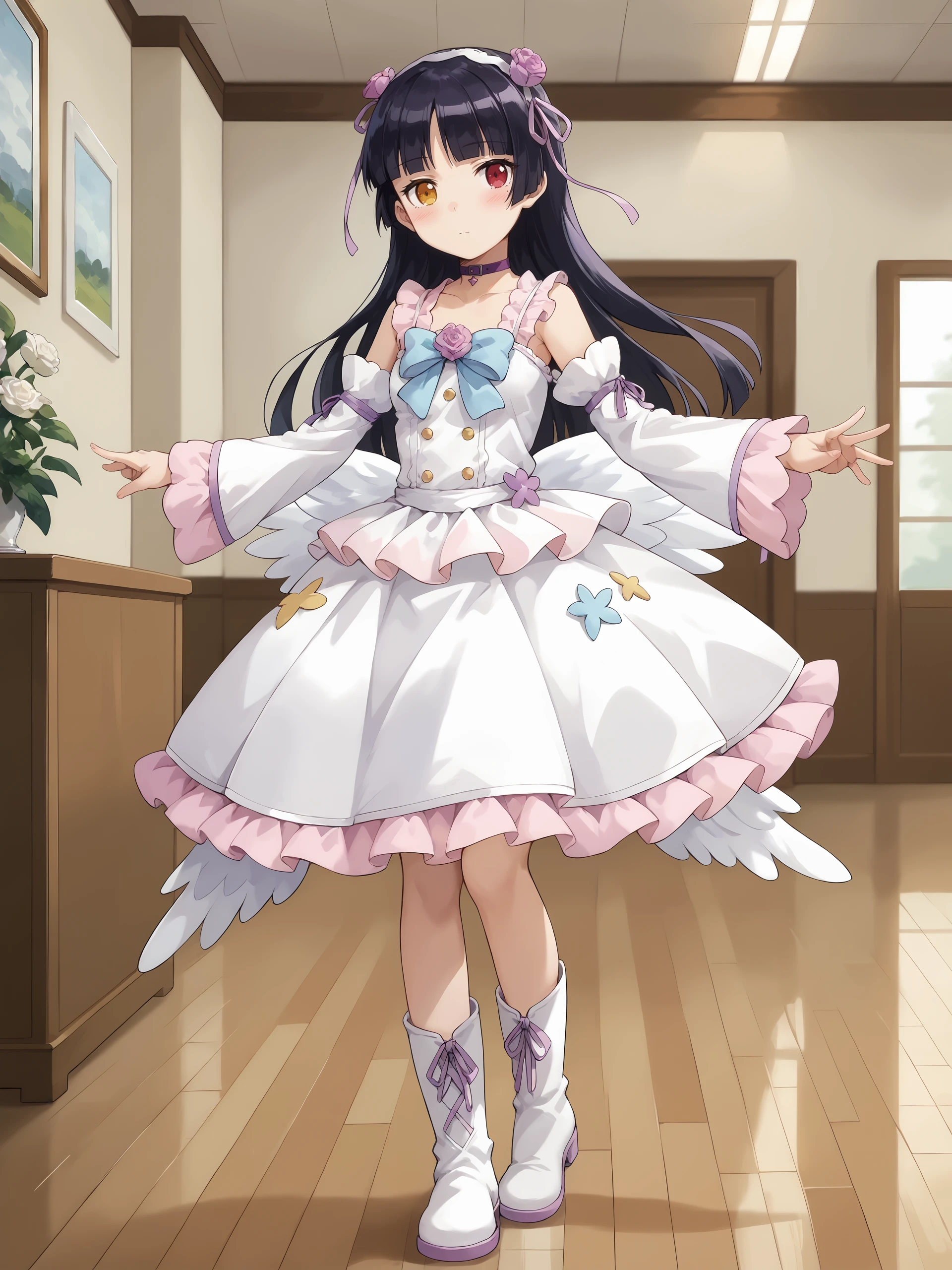 score_9, score_8_up, score_7_up, source_anime, ray tracing, best quality, anime screenshot, anime coloring, <lora:Char-Gokou_Ruri-V1-Pony:0.9:hr=0.6>, 1girl, solo, gokou ruri, heterochromia, white flower hairband, purple choker, white frilled sleeveless dress, low wings, white detached sleeves, white knee boots, full body, looking at viewer, dancing, art gallery, museum, indoors, depth of field