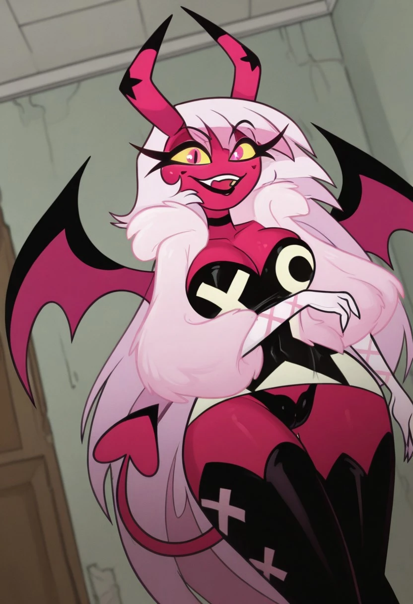 absurdres, high quality, uncensored,verosikaHB, succubus ,demon girl,pink eyes, yellow scelera,tail,big wide wings, white hair, long hair, pink skin, fur coat, horns, demon girl, choker, dress, elbow gloves, white gloves, dress, strapless, strapless dress, large breasts, looking at viewer, smile, open mouth, cowboy shot, dutch angle, indoors, panties, voluptuous, curvaceous, sedusive, seductive, adorable, cute, sluty, lewd, naughty, bitchy,mean, sexually active,