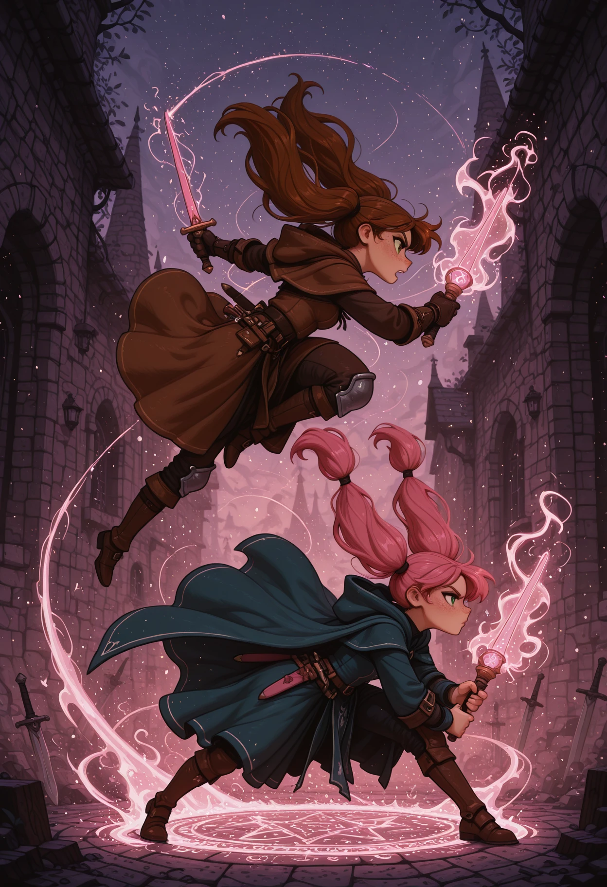 newtooncore, masterpiece, best quality, 2girls,pigtails ,long hair, pink hair, brown hair, freckles, dynamic pose, fight, green eyes, magic wand, sword, wizard, knight