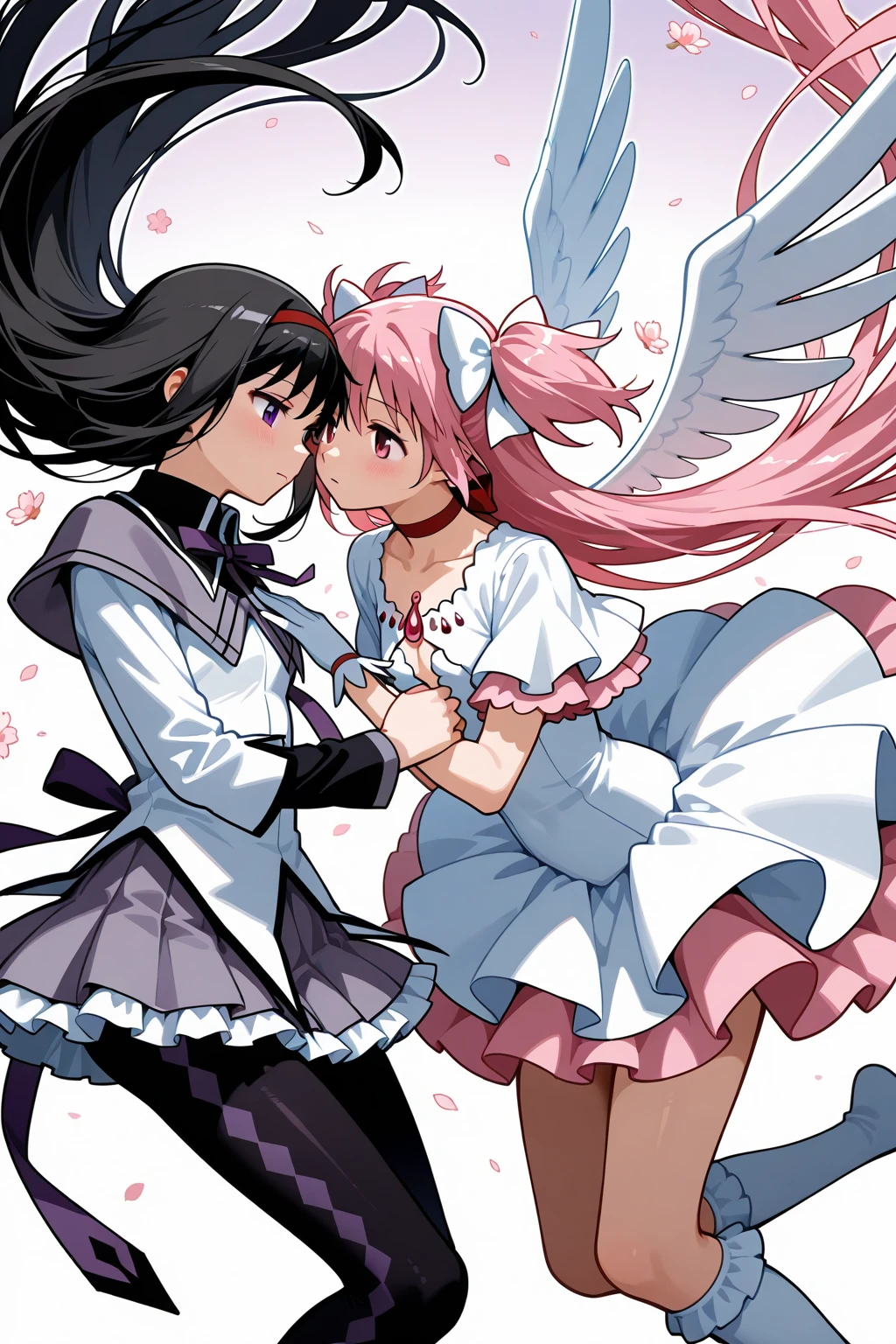 2girls,absurdly_long_hair,akemi_homura,akemi_homura_\(magical_girl\),angel_wings,argyle_clothes,argyle_pantyhose,bird,black_capelet,black_hair,black_pantyhose,bow,bow_choker,bowtie,branch,bubble_skirt,buttons,capelet,center_frills,cherry_blossoms,choker,collarbone,collared_capelet,dress,eye_contact,eyelashes,feet_out_of_frame,floating_hair,flower,frilled_dress,frilled_skirt,frilled_sleeves,frilled_socks,frills,gloves,gradient_background,hair_bow,hair_ribbon,hairband,hand_on_another's_chest,highres,kneehighs,layered_sleeves,long_hair,long_sleeves,looking_at_another,magical_girl,mahou_shoujo_madoka_magica,mahou_shoujo_madoka_magica_\(anime\),miniskirt,multiple_girls,pantyhose,pink_dress,pink_flower,pink_hair,pleated_skirt,puffy_short_sleeves,puffy_sleeves,purple_bow,purple_bowtie,purple_capelet,purple_eyes,purple_skirt,red_bow,red_choker,red_hairband,red_ribbon,ribbon,short_dress,short_sleeves,skirt,skirt_under_dress,socks,square_neckline,swallow_\(bird\),transformation,two-tone_capelet,two_side_up,ultimate_madoka,very_long_hair,white_background,white_dress,white_gloves,white_skirt,white_sleeves,white_socks,white_wings,winbow,wings,yuri
