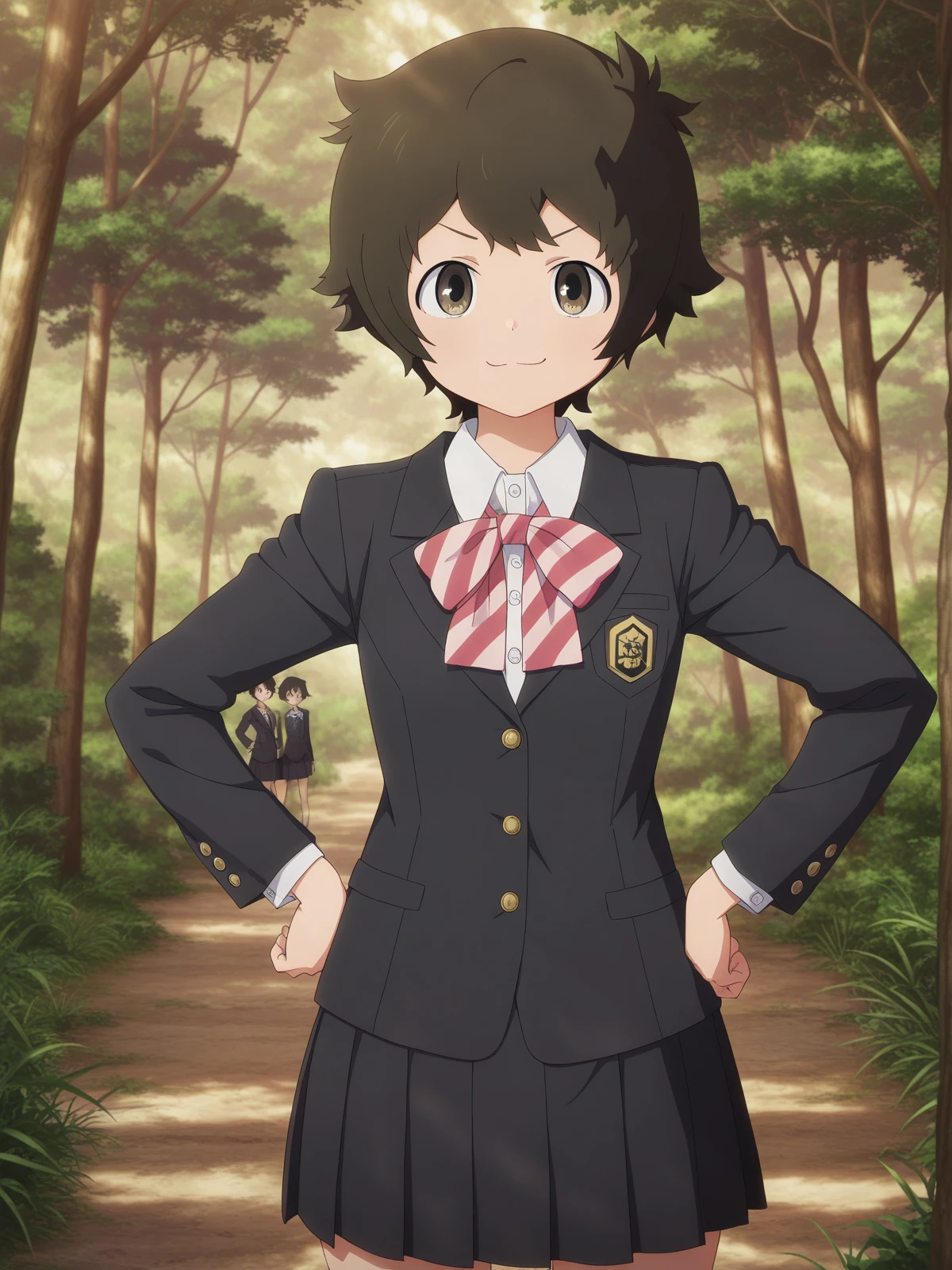 masterpiece, best quality, amazing quality,, <lora:minoru-ookuma-s1-illustriousxl-lora-nochekaiser:1>, minoru ookuma, short hair, brown hair, black hair, brown eyes, anime screencap,, skirt, long sleeves, jacket, black skirt, black jacket, blazer, bow, bowtie, stripped, stripped bowtie,, smug, hands on own hip,, Outdoors, nature, scenery, open_space, sunlight, cowboy shot, solo, looking at viewer,