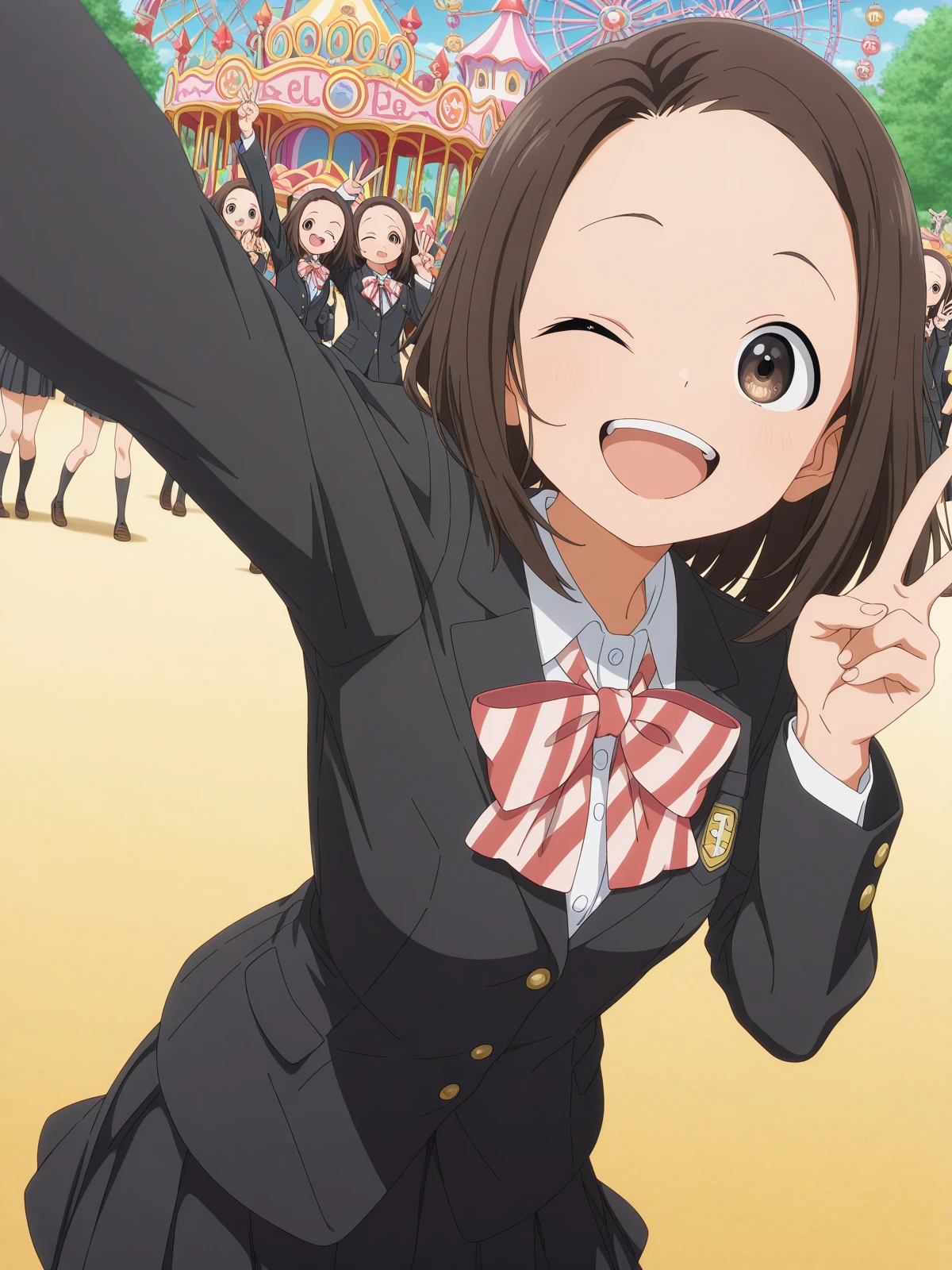 masterpiece, best quality, amazing quality,, <lora:touko-usagihara-s1-illustriousxl-lora-nochekaiser:1>, touko usagihara, short hair, brown hair, brown eyes, medium hair, forehead, anime screencap,, skirt, long sleeves, jacket, black skirt, black jacket, blazer, bow, bowtie, stripped, stripped bowtie,, <lora:selfie-illustriousxl-lora-nochekaiser:1>, selfie, arm up, foreshortening, looking at viewer, outstretched arm, v, hand up, reaching, reaching towards viewer, smile, one eye closed, open mouth,, amusement park, rides, crowds, fun, colorful, cowboy shot, solo, looking at viewer,