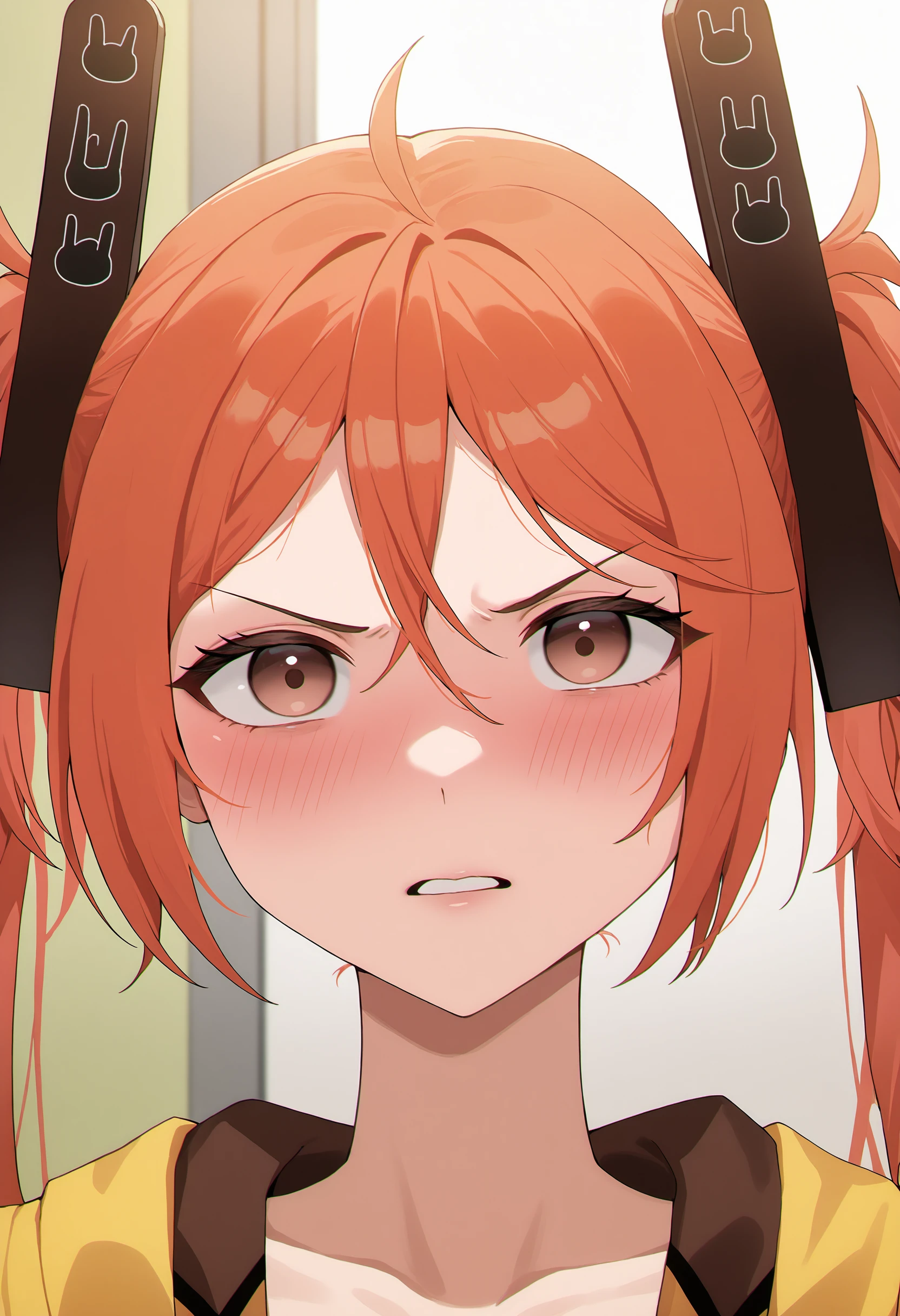 <lora:enju:1>, enju, 1girl, brown eyes, long hair, orange hair, twintails, hair ornament, looking at viewer, indoors, portrait,  blush, parted lips, light angry, <lora:HellToYou_style_IllustriousXL:0.9>, HellToYou, masterpiece, best quality, amazing quality