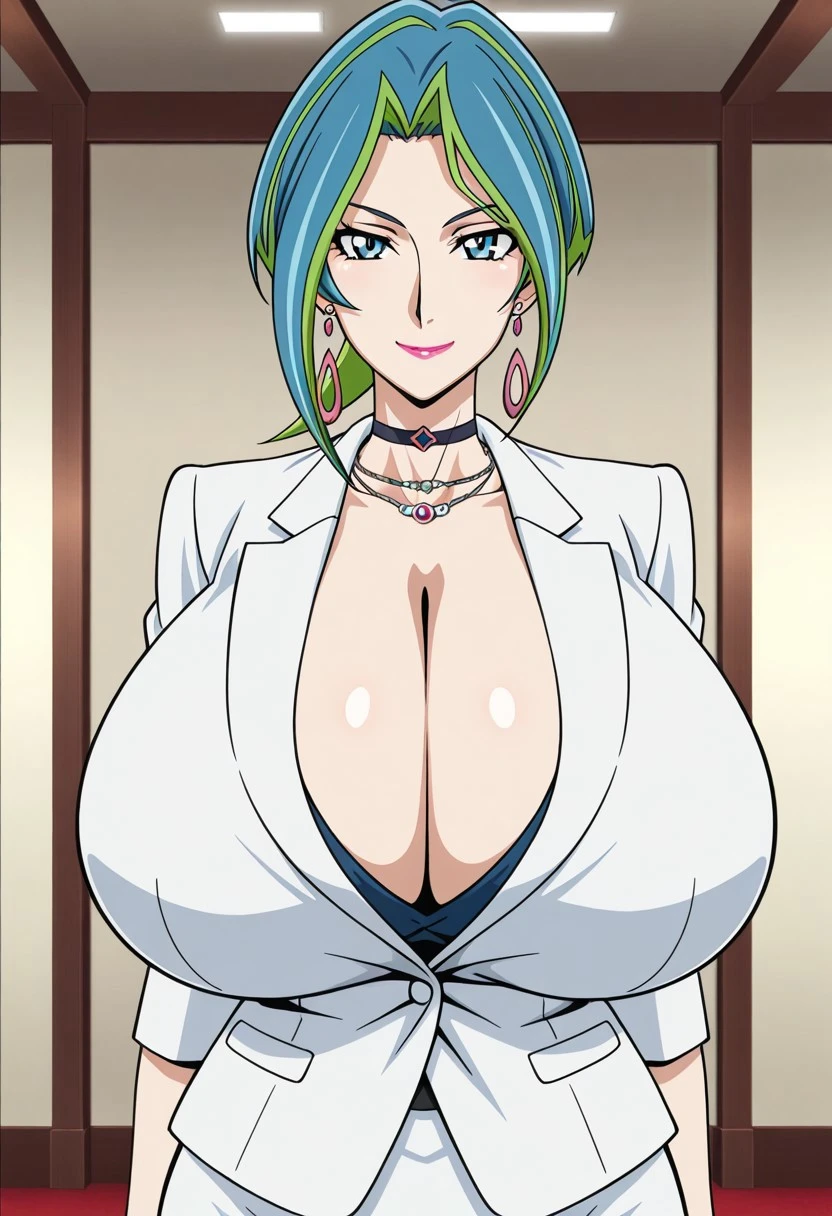 masterpiece,best quality,amazing quality,detailed shading,high contrast,cel-shading,anime screencap,anime coloring,straight-on,1girl,solo,Queen,blue hair,green hair,multicolored hair,two-tone hair,blue eyes,lipstick,makeup,jewelry,earrings,necklace,choker,formal,suit,pencil skirt,huge breasts,smile