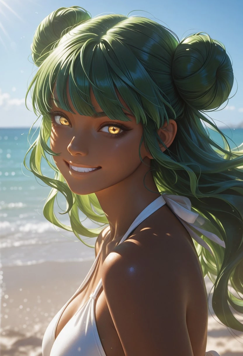 score_9, score_8_up, score_7_up,portrait , best quality, masterpiece, nemesis, full color, double bun, green hair, yellow eyes, smile, bikini, from side, long hair, dark skin, , realistic,sunny day in background, running on the beach, grin,