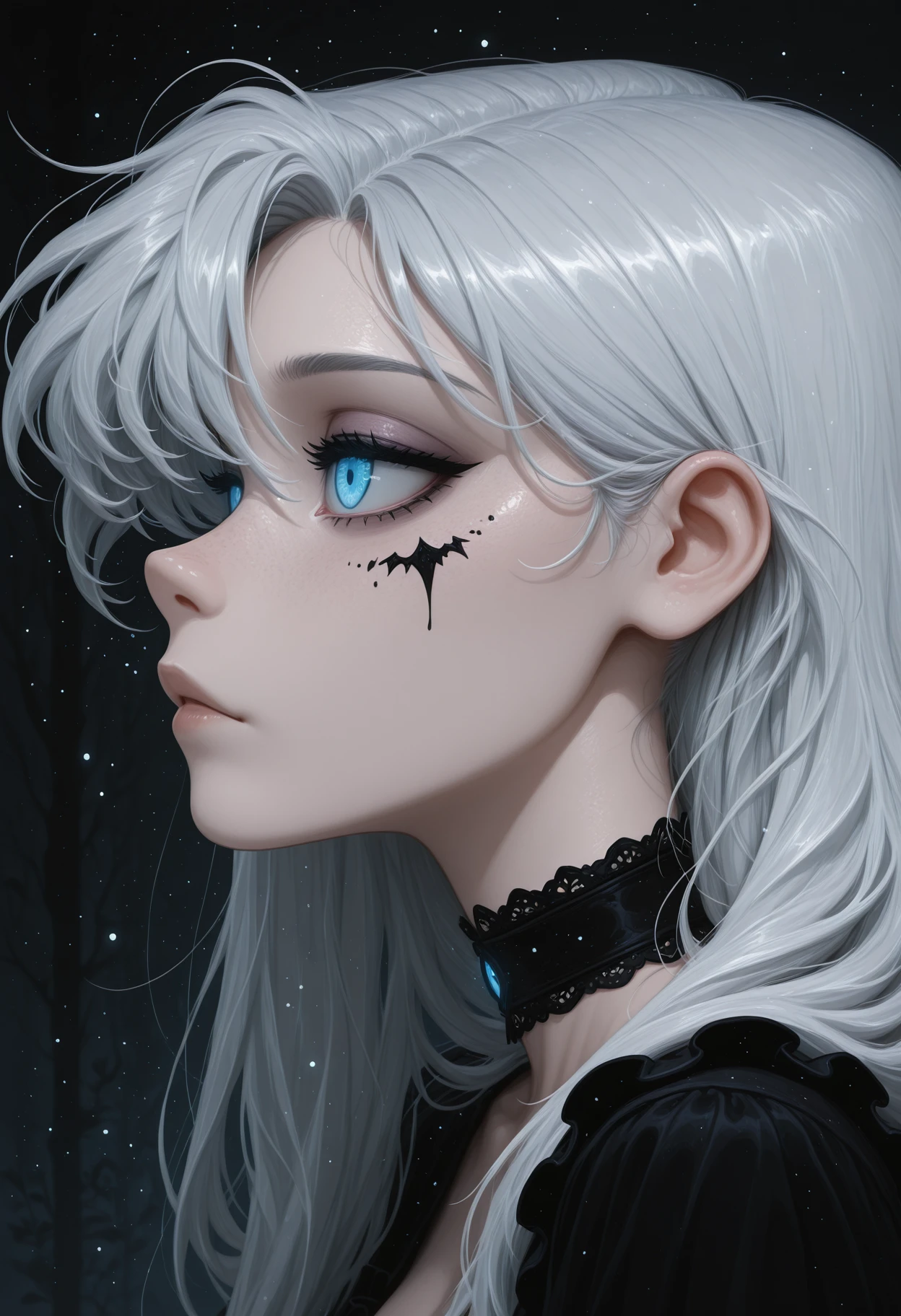 masterpiece, best quality, newtooncore, 1girl, close-up, side profile, pale skin, long silver hair, dim moonlight on face, one glowing eye visible, soft wind in hair, gothic choker, subtle melancholy expression, shadows across face, deep night atmosphere, quiet intensity