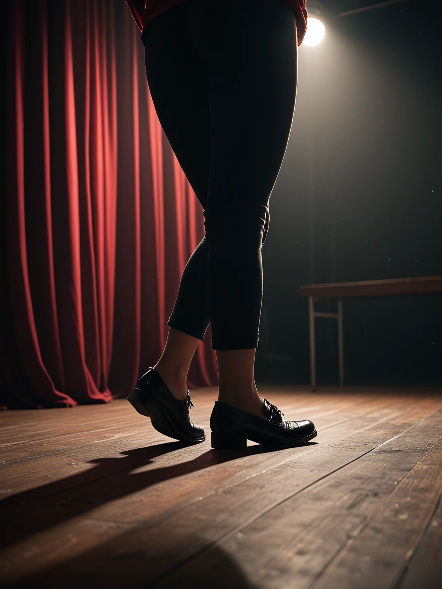 cinematic film still Wooden stage, red velvet curtain, spotlight on stage, a foot stepping into the light, the body obscured by darkness, moody, cinematic, dancer shoes, black pants, . shallow depth of field, vignette, highly detailed, high budget, bokeh, cinemascope, moody, epic, gorgeous, film grain, grainy