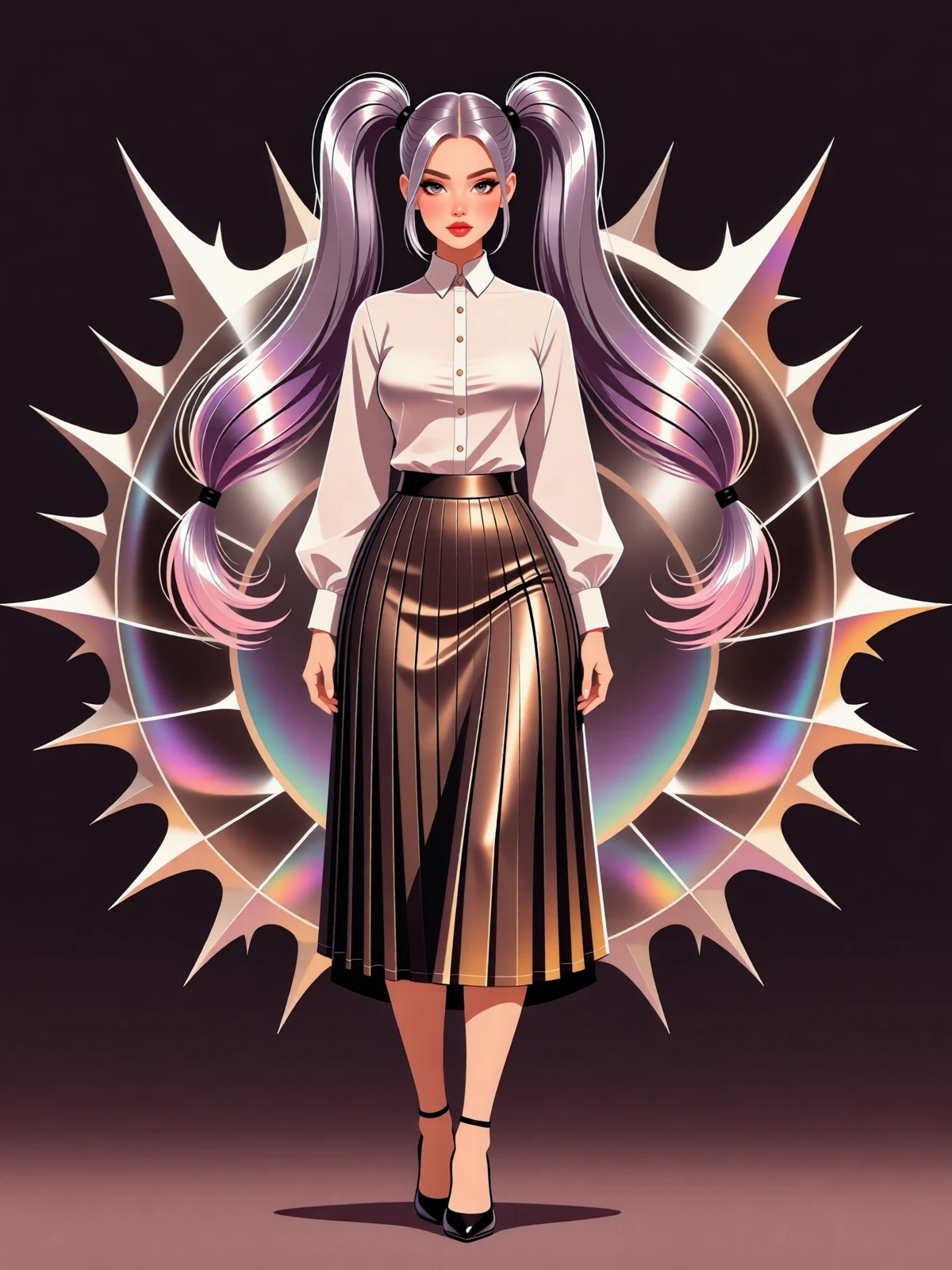 Minimalist flat vector art; flat colors; no lineart; simple shapes; soft, subtle gradients; A slim, toned, atheletic woman with two-ponytail shiny thistle metal hair, wearing Pleated midi skirt and mock-neck blouse Pose: standing with toes pointed together background: metallic,intricate abstract image, Britpop style color scheme: iridescent deep sienna and infra plum <lora:QwenVectorPinup_v1:1.0> <lora:Qwen-Image-Lightning-4steps-V1.0-bf16:1.0>