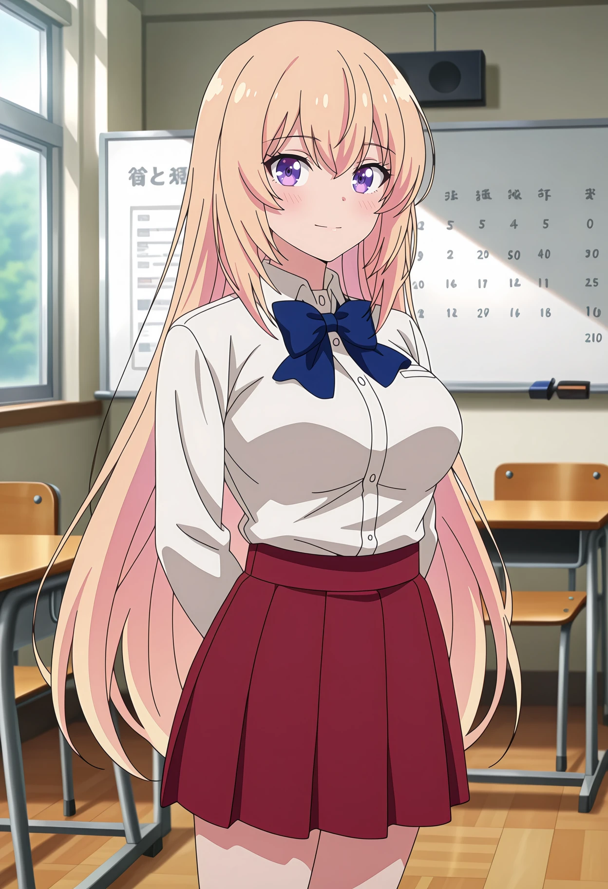 anime screencap, masterpiece, best quality,
1girl, solo, closed mouth, light smile, blush,
hair between eyes, very long hair, blonde hair, purple eyes,
collared shirt, white shirt, shirt tucked in, blue bowtie, long sleeves, miniskirt, pleated skirt, red skirt,
arms behind back, standing, looking at viewer, cowboy shot,
classroom, chair, whiteboard, window, school desk, photo background, blurry background
<lora:ClassroomOfTheElite_IchinoseHonami_IlluXL:0.9>