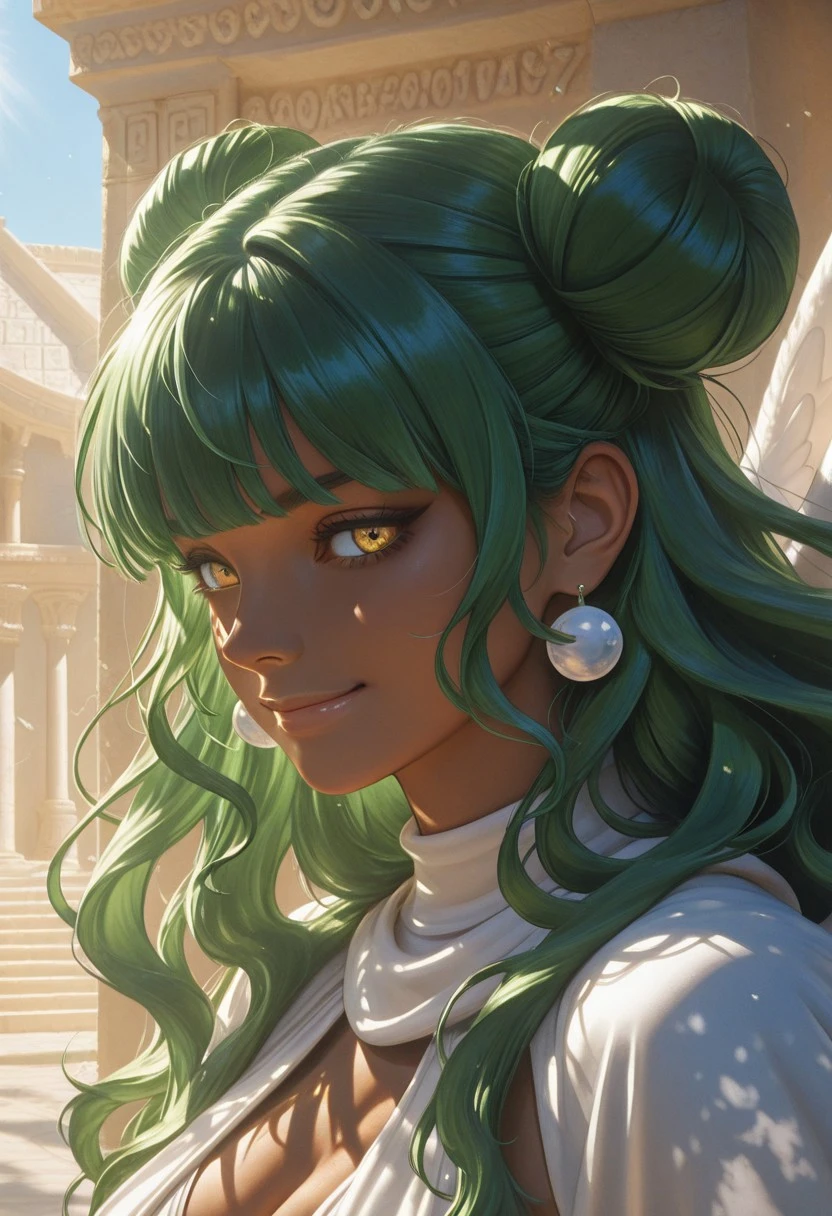 score_9, score_8_up, score_7_up,portrait , best quality, masterpiece, nemesis, full color, double bun, green hair, yellow eyes, smile, earrings, from side, long hair, dark skin, wings, realistic,sunny day in background, greek temples in background,, , , cleavage, face close-up, portrait,