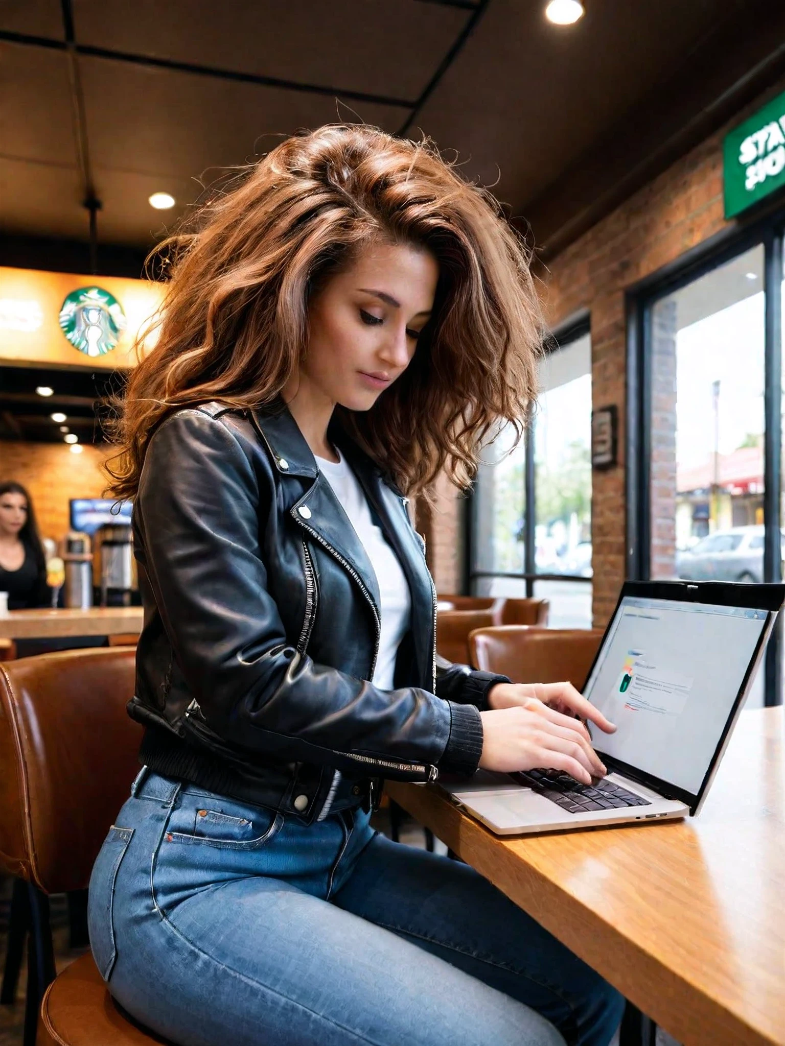 a friend sitting in a starbucks looking at her laptop. wearing jeans and a leather bomber jacket. big hair, ceiling fan