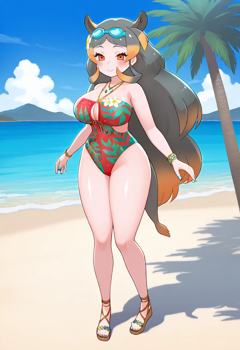 1girl, solo, <lora:hippopotamus_gorgopos_swimsuit_kf_ilxl_v1:1>, hippopotamus gorgops \(kemono friends\), long hair, very long hair, multicolored hair, two-tone hair, gradient hair, big hair, sidelocks, black hair, blonde hair, brown hair, orange hair, grey hair, orange eyes, red eyes, extra ears, large breasts, curvy, mature female, higo3rd, goggles, goggles on head, eyewear on head, hair flower, swimsuit, print swimsuit, multicolored swimsuit, two-tone swimsuit, green one-piece swimsuit, one-piece swimsuit, red one-piece swimsuit, casual one-piece swimsuit, jewelry, bracelet, necklace, aqua nails, blue nails, nail polish, sandals, gladiator sandals, toeless footwear, brown footwear, full body, tachi-e, standing, blush, smile, looking at viewer, beach, ocean, blue sky, cloud, mountain, palm tree, blue sky, cloud, masterpiece, best quality, very aesthetic, absurdres