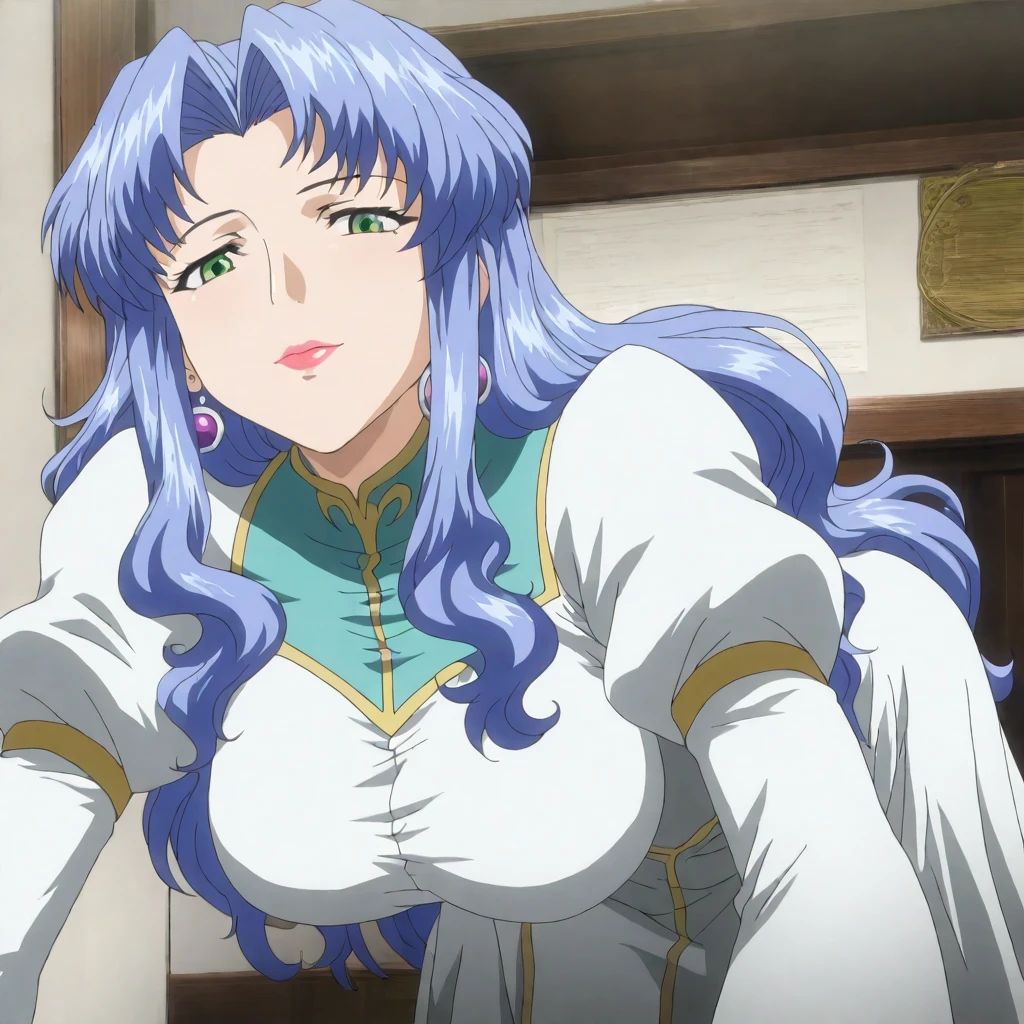 masterpiece,high score,great score,absurdres,solo,looking at viewer,<lora:Freya_ss hassakuill30:1> freyass, blue hair, long hair, green eyes, lipstick, earrings,dress,