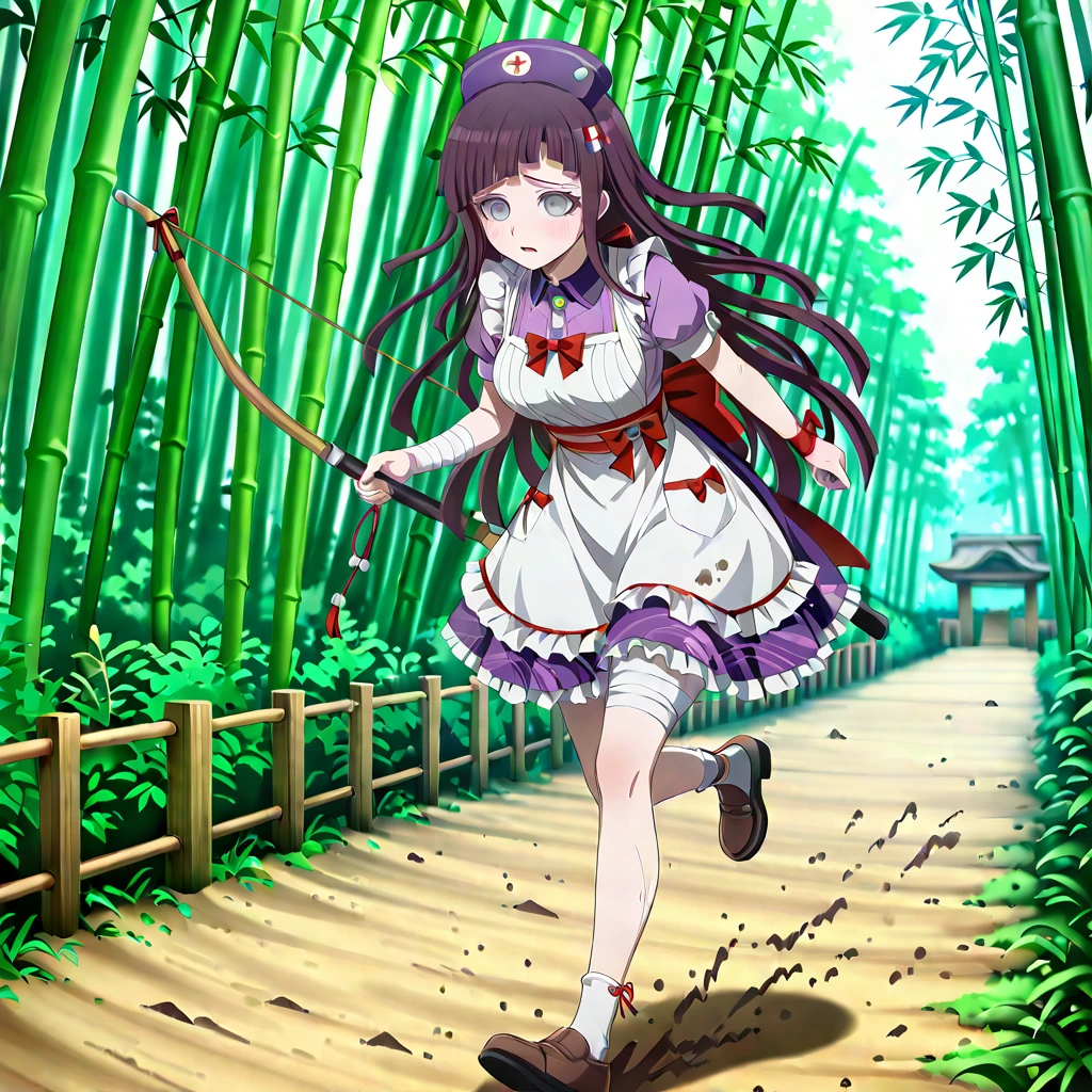 <lora:lazypos:1>, lazypos , masterpiece, best quality, amazing quality, very awa,absurdres,newest,very aesthetic,depth of field, highres, (anime screenshot),(anime coloring ), <lora:noobai_vpred_1_aqm_complete_v3:1>,masterpiece, best quality, very aesthetic , <lora:Asuka_Zero_Style:1>, detailed_background, asuka_zero, 1girl, alternate_costume, apron, archery, bandaged_arms, bandaged_legs, bandages, blush, bow, braided_hair, brown_footwear, chest_bow, collaboration, crossover, danganronpa_(series), full_body, grey_eyes, hair_ornament, hat, holding_bow, holding_weapon, japanese_bow, japanese_clothes, kimono_elements, long_hair, nurse_cap, purple_hair, purple_headwear, red_bow, shoes, short_sleeves, solo, traditional_japanese, tsumiki_mikan, twin_braids, wa_lolita, weapon, white_apron, white_dress, white_socks, yumi_(bow) , running_through_bamboo_forest, ninja_training_ground, wooden_targets, rope_obstacles, morning_dew_on_leaves, dappled_sunlight, dirt_path, swaying_bamboo