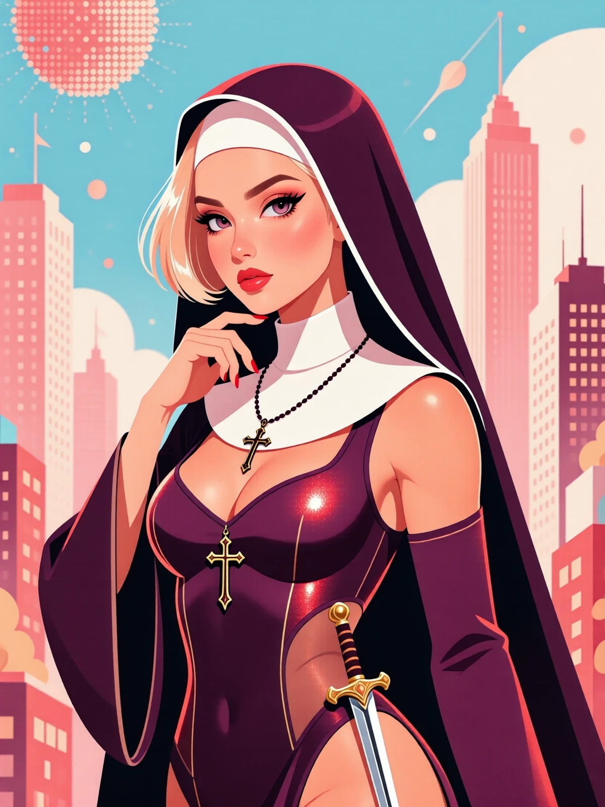 Minimalist flat vector art; flat colors; no lineart; simple shapes; soft, subtle gradients;  A slim, toned, atheletic woman with pixie cut shimmering  blanchedalmond hair, wearing Shadow nun veil hood with wrapped habit and rosary dagger slot  Pose: stroking own chin  background: fractal,pointillist,city-like abstract image, Pastel style  color scheme: shimmering bright indianred and glimmering  darkmagenta <lora:QwenVectorPinup_v1:1.0> <lora:Qwen-Image-Lightning-4steps-V1.0-bf16:1.0>