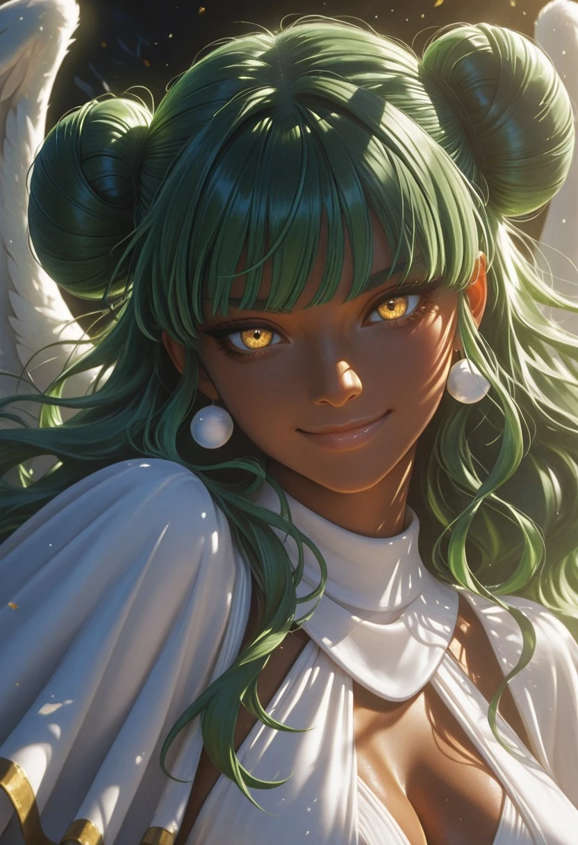 score_9, score_8_up, score_7_up,portrait , best quality, masterpiece, nemesis, full color, double bun, green hair, yellow eyes, smile,, long hair, dark skin, wings, realistic,, , , cleavage, face close-up, portrait,