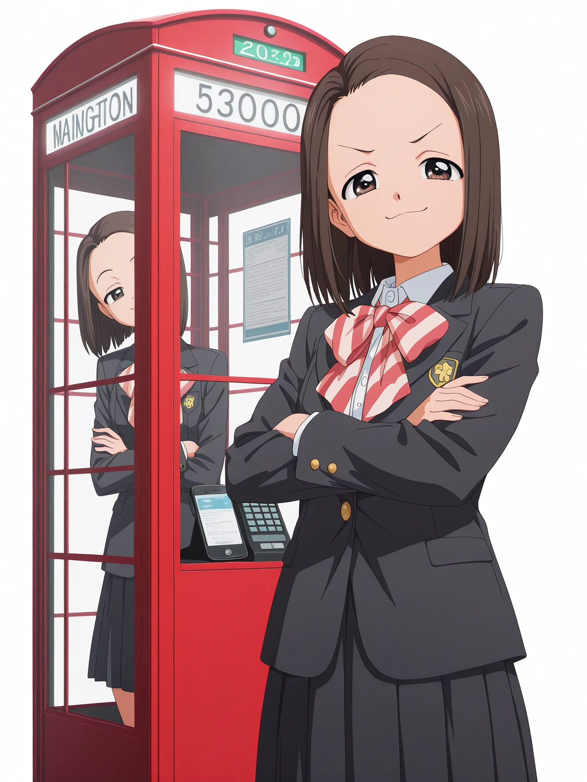 masterpiece, best quality, amazing quality,, <lora:touko-usagihara-s1-illustriousxl-lora-nochekaiser:1>, touko usagihara, short hair, brown hair, brown eyes, medium hair, forehead, anime screencap,, skirt, long sleeves, jacket, black skirt, black jacket, blazer, bow, bowtie, stripped, stripped bowtie,, crossed arms, smug, phone booth, glass, phone, street, retro, cowboy shot, solo, looking at viewer, <lora:transparent-background-illustriousxl-lora-nochekaiser:1>, transparent background, simple background, white background