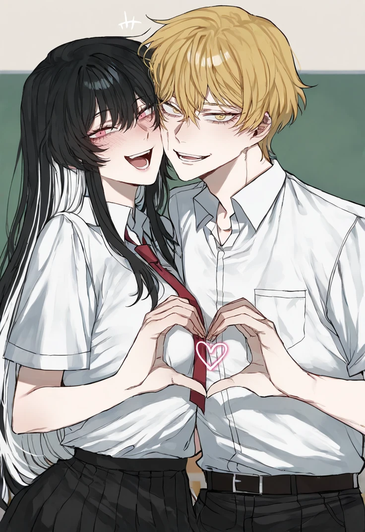 masterpiece, perfect face, beautiful face, perfect hands, beautiful hands, ratatatat74 style, realistic, cinematic light, <lora:heart-hands-duo-illustriousxl-lora-nochekaiser:1> heart hands duo, heart hands, heart, heads together, cheek-to-cheek, open mouth, smile, hetero, looking at viewer, indoors, classroom, east asian architecture
<lora:Jia_Xichun_Limbus_Illustrious_V2:0.5>, 1girl, JiaXichunLimbus, long hair, loose hair, multicolored hair, black hair, white hair, pink eyes, small , school uniform, white shirt, black plate skirt
<lora:Sinclair_Limbus_Illustrious_V3:0.5>, 1boy, SinclairLimbus, short hair, blonde hair, yellow eyes, school uniform, white shirt, black pants