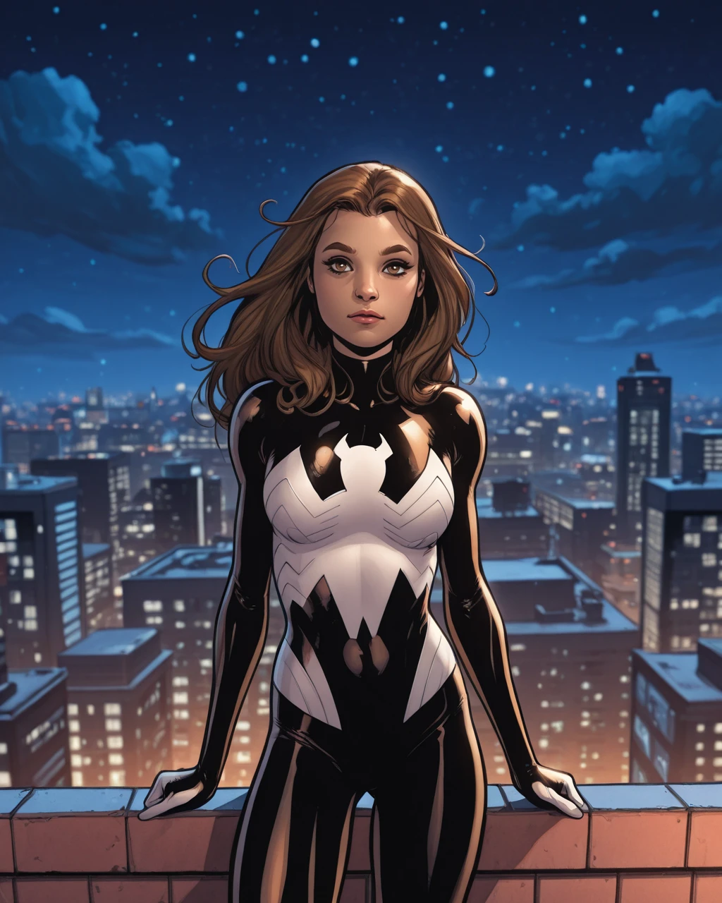 masterpiece, best quality, absurdres, perfect quality, absolutely eye-catching,  source_comics, western comics (style),   <lora:SaraPichelliStyleIllus:1> sarapstyle,  <lora:UltimateSpiderWomanIllus:0.8> 1girl, ultjess, long hair, brown hair, bodysuit, brown hair, brown eyes, night, cityscape, rooftop,  looking at viewer,