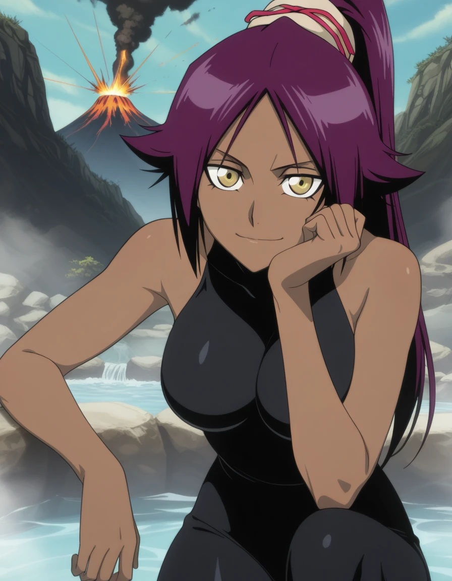 masterpiece, best quality, amazing quality,, <lora:yoruichi-shihouin-anime-illustriousxl-lora-nochekaiser:1>, yoruichi shihouin, shihouin yoruichi, long hair, yellow eyes, ponytail, purple hair, dark skin, dark-skinned female, mature female, medium breasts, anime screencap, bodysuit, black bodysuit, bare arms, bare shoulders,, head rest, smile,, geyser, steam, water, hot_spring, eruption, cowboy shot, solo, looking at viewer