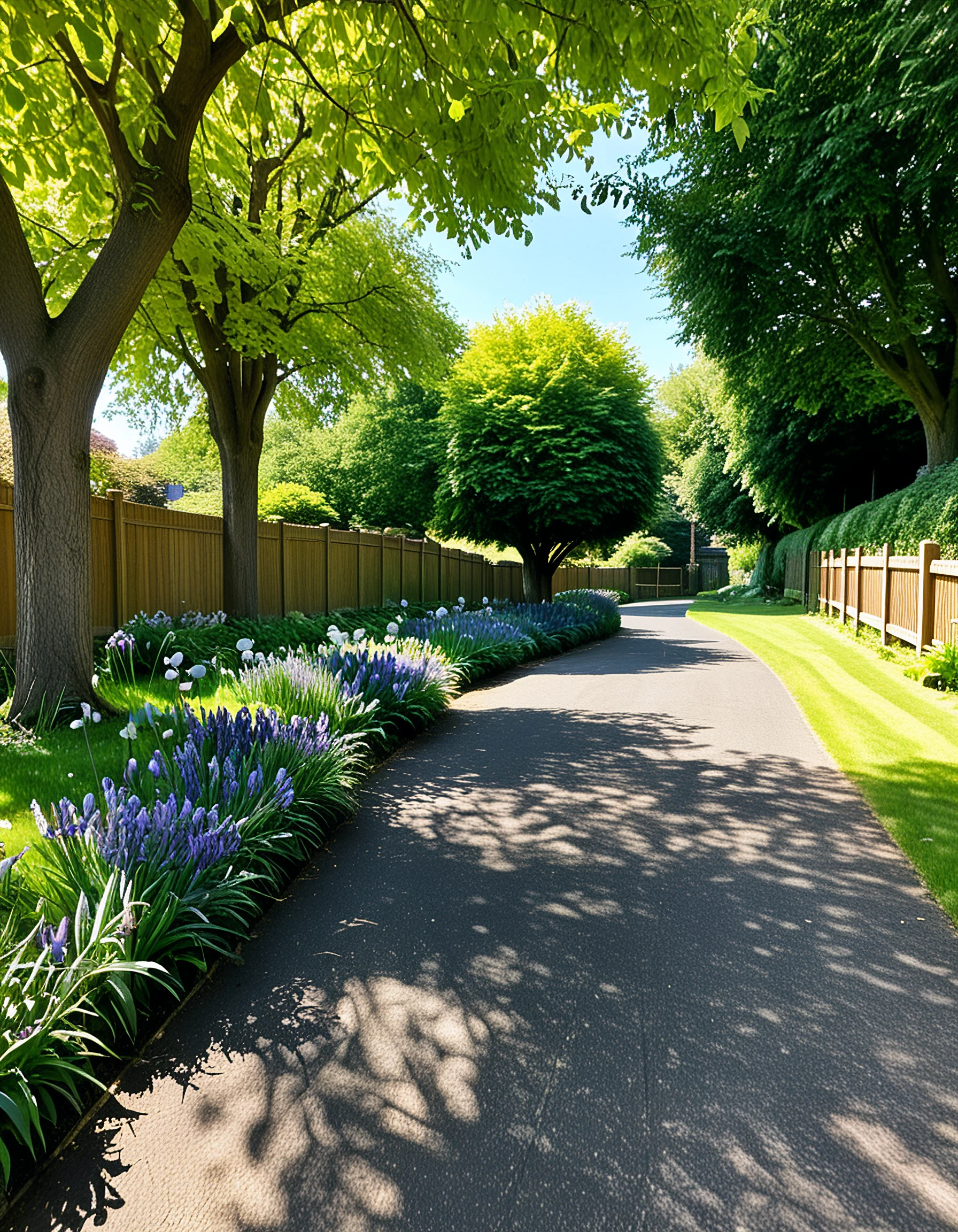 a winding asphalt driveway with a lawn on both sides, rolling terrain, mature trees, irises and hostas neatly in rows in garden, rustic wooden fence, dappled sunlight and shadows, signs of neglect