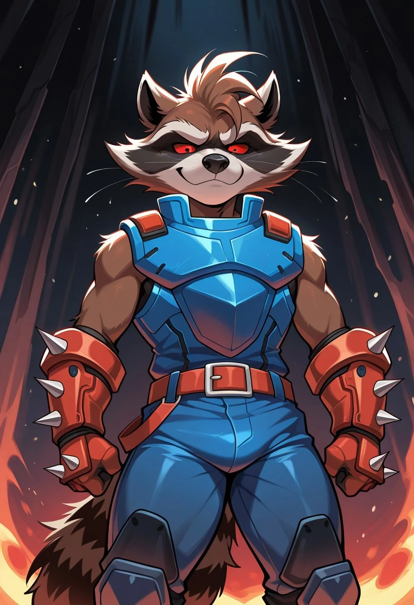 Safe_pos,masterpiece,best quality,amazing quality,1man,solo,anthro,R0ck3t R4c00n,raccoon,brown fur,red sclera,red eyes,blue armor,belt,spiked gauntlet