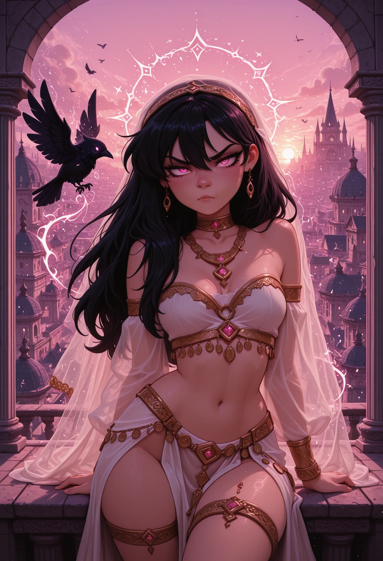 masterpiece, best quality, newtooncore, 1girl, black hair, long hair, white sheer outfit, gold jewelry, gold ornaments, layered necklaces, transparent veil, off-shoulder dress,  midriff, thigh jewelry,  pose, rooftop setting, palace balcony, slightly angry expression, flushed cheeks, glowing eyes, dark-themed magical aura, enchanted pink raven, magical bird, floating chains, ornate choker, fantasy cityscape background, sunset lighting, exotic dancer outfit, solo