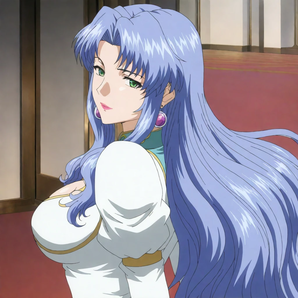 masterpiece,high score,great score,absurdres,solo,looking at viewer,from side,<lora:Freya_ss hassakuill30:1> freyass, blue hair, long hair, green eyes, lipstick, earrings,dress,