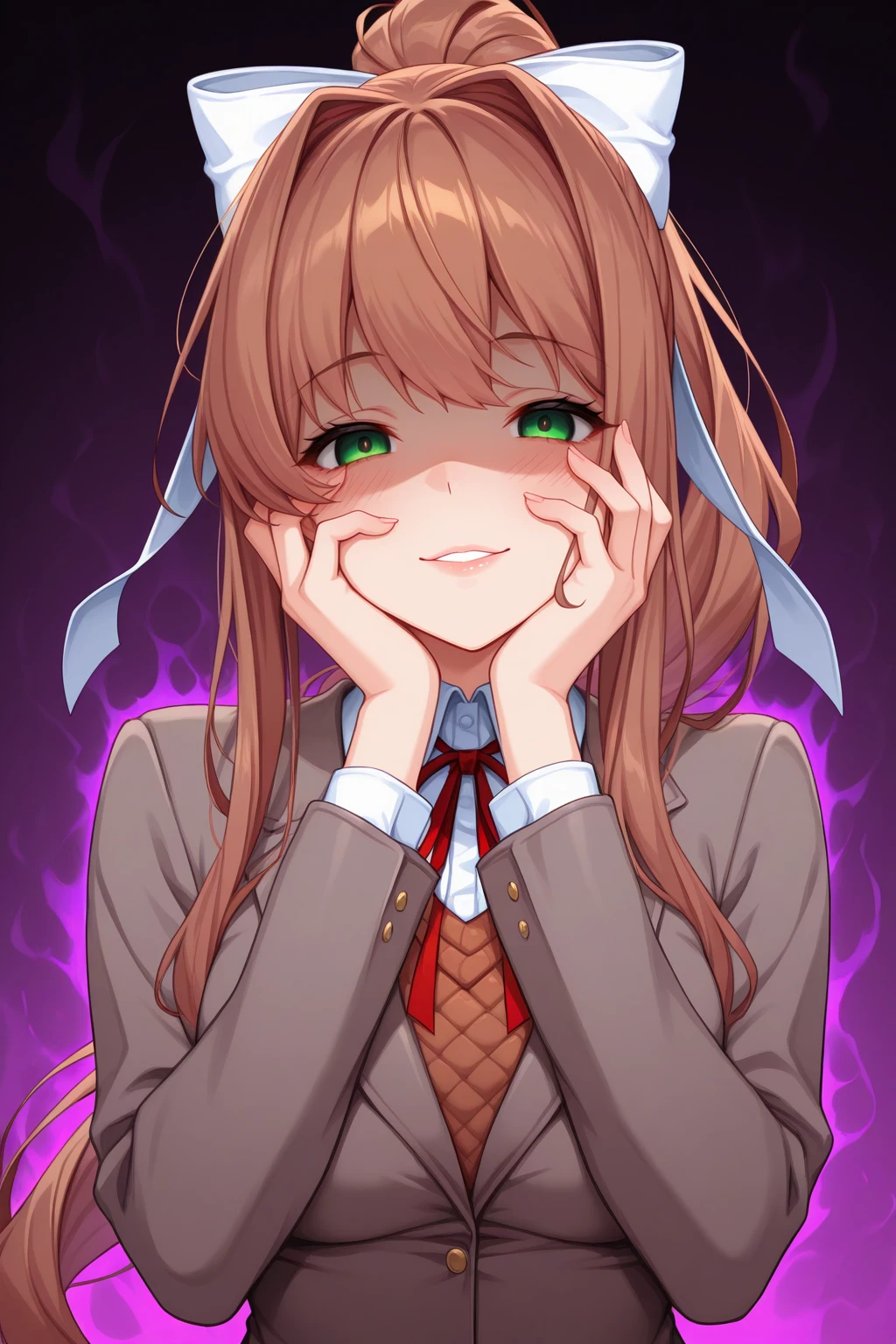 masterpiece, best quality, upper body, looking at viewer, smile, blush, lips, nose, yandere trance, 1girl, m0n1k4, , green eyes, very long hair, brown hair, hair intakes, long sidelocks, ponytail, hair bow, white bow, hair ribbon, white ribbon, grey jacket, brown sweater vest, red neck ribbon, white collared shirt, hands on own cheeks, shaded face, dark aura, dark background, abstract background, <lora:Hoseki_DokiDokiLiteratureClub!_Monika_IllustriousXL_v1:1>