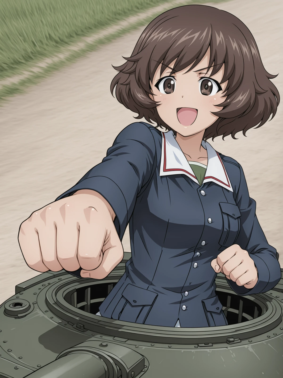 akiyama yukari \(girls und panzer\),ooarai military uniform,punching,solo,upper body,:d,happy,into the tank,
