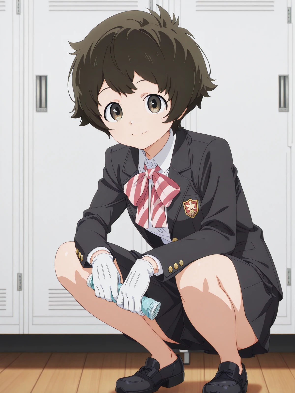 masterpiece, best quality, amazing quality,, <lora:minoru-ookuma-s1-illustriousxl-lora-nochekaiser:1>, minoru ookuma, short hair, brown hair, black hair, brown eyes, anime screencap,, skirt, long sleeves, jacket, black skirt, black jacket, blazer, bow, bowtie, stripped, stripped bowtie,, <lora:slav-squatting-illustriousxl-lora-nochekaiser:1>, slav squatting, solo, looking at viewer, smile, gloves, holding, full body, squatting, looking at viewer, changing room, lockers, benches, clothes, privacy, cowboy shot, solo, looking at viewer, <lora:transparent-background-illustriousxl-lora-nochekaiser:1>, transparent background, simple background, white background