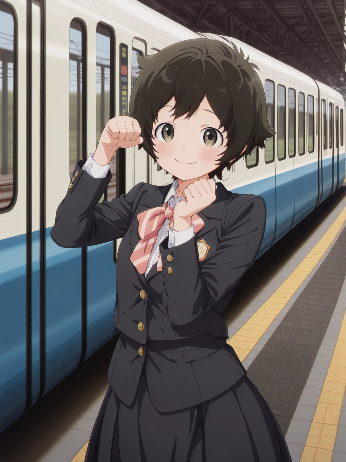 masterpiece, best quality, amazing quality,, <lora:minoru-ookuma-s1-illustriousxl-lora-nochekaiser:1>, minoru ookuma, short hair, brown hair, black hair, brown eyes, anime screencap,, skirt, long sleeves, jacket, black skirt, black jacket, blazer, bow, bowtie, stripped, stripped bowtie,, <lora:amane-himeno-photoshoot-illustriousxl-lora-nochekaiser:1>, amane himeno photoshoot, solo, looking at viewer, blush, smile, closed mouth, standing, cowboy shot, paw pose,, train station, trains, platform, passengers, travel, cowboy shot, solo, looking at viewer,