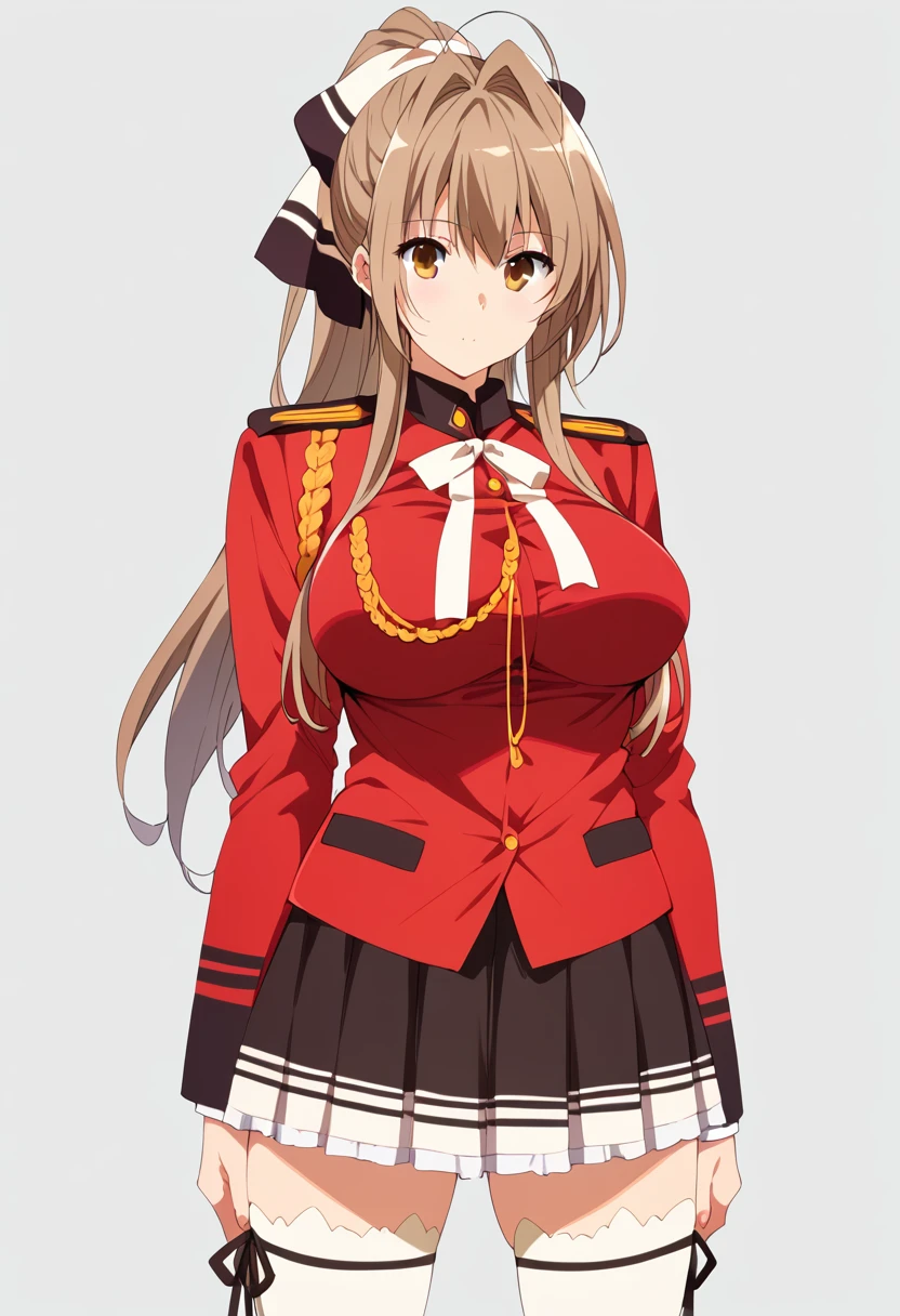 score_9, score_8_up, score_7_up, score_6_up, score_5_up, score_4_up, masterpiece, best quality, highly detailed, BREAK, 1girl, <lora:Sento_Izusu:1> sentopony, long hair, brown hair female, brown eyes, ponytail, , uniform, skirt, thighhighs