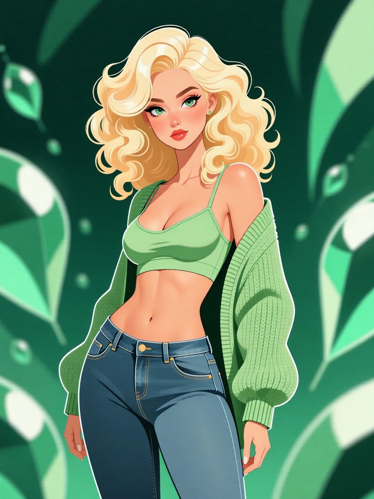 Minimalist flat vector art; flat colors; no lineart; simple shapes; soft, subtle gradients;  A slim, toned, atheletic woman with drill curls reflective bright palegoldenrod hair, wearing Knit cardigan and camisole with straight-leg jeans  Pose: twisted torso  background: chaotic,indistinct abstract image, McBling style  color scheme: ultra deep mediumspringgreen and reflective  palegoldenrod <lora:QwenVectorPinup_v1:1.0> <lora:Qwen-Image-Lightning-4steps-V1.0-bf16:1.0>