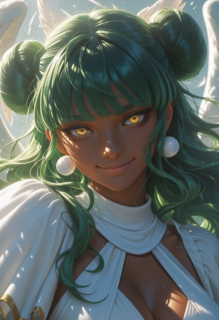 score_9, score_8_up, score_7_up,portrait , best quality, masterpiece, nemesis, full color, double bun, green hair, yellow eyes, smile,, long hair, dark skin, wings, realistic,, , , cleavage, face close-up, portrait,