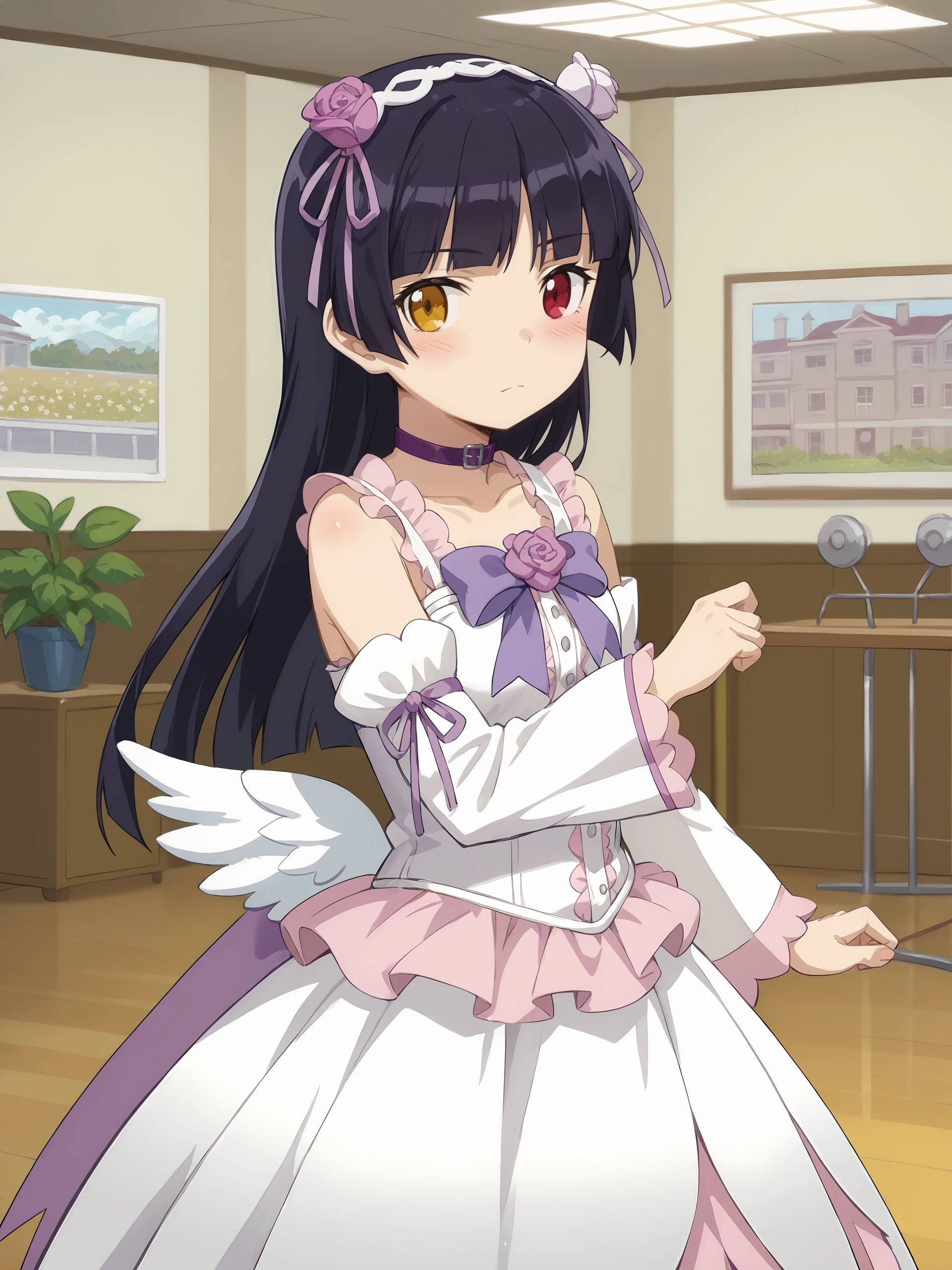 score_9, score_8_up, score_7_up, source_anime, ray tracing, best quality, anime screenshot, anime coloring, <lora:Char-Gokou_Ruri-V1-Pony:0.9:hr=0.6>, 1girl, solo, gokou ruri, heterochromia, white flower hairband, purple choker, white frilled sleeveless dress, low wings, white detached sleeves, cowboy shot, looking at viewer, dancing, art gallery, museum, indoors, depth of field