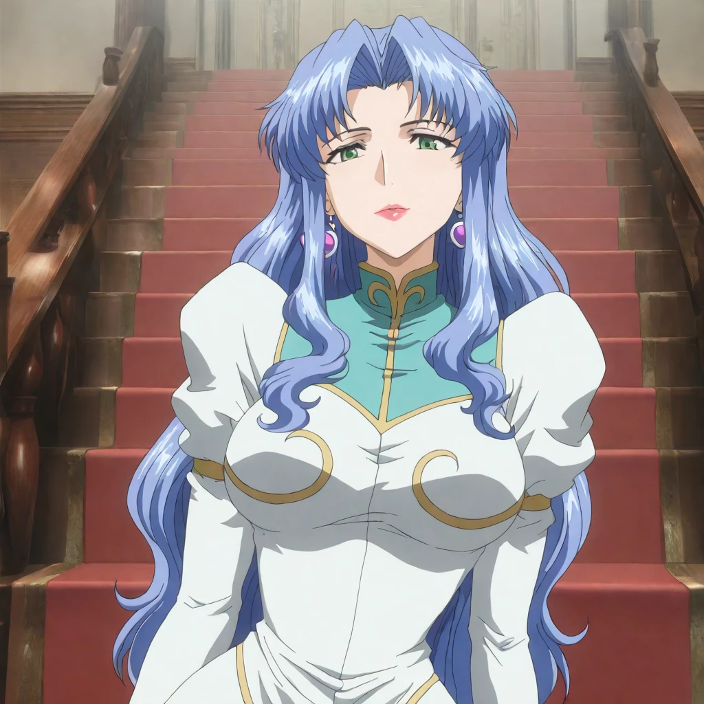 masterpiece,high score,great score,absurdres,solo,looking at viewer,<lora:Freya_ss hassakuill30:1> freyass, blue hair, long hair, green eyes, lipstick, earrings,dress,