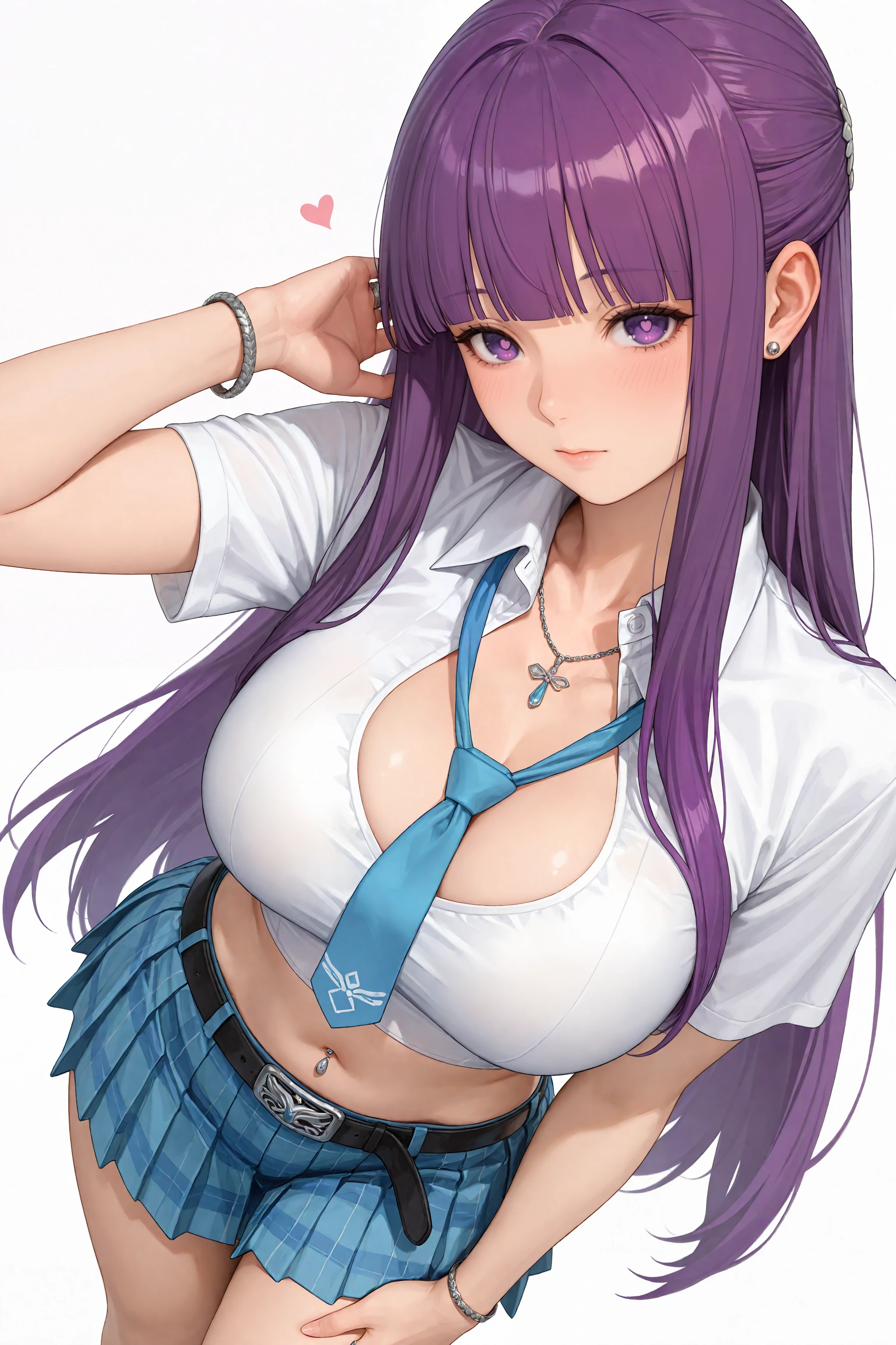 fern_\(sousou_no_frieren\), 1girl, solo, long_hair, , blush, simple_background, shirt, large_breasts, skirt, white_background, navel, closed_mouth, cleavage, jewelry, very_long_hair, purple_eyes, white_shirt, purple_hair, short_sleeves, thighs, cowboy_shot, pleated_skirt, alternate_costume, collared_shirt, belt, midriff, blunt_bangs, miniskirt, necklace, bracelet, crop_top, blue_skirt, looking_to_the_side, clothing_cutout, plaid, dutch_angle, piercing, plaid_skirt, cleavage_cutout, ring, ear_piercing, straight_hair, black_belt, half_updo, cropped_shirt, hand_on_own_thigh, navel_piercing, heart_cutout, loose_belt, loose_necktie,               , dynamic angle,dynamic perspective, best quality,highres,absurdres