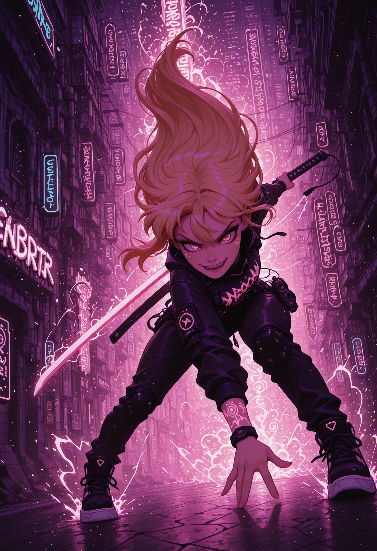 masterpiece, best quality, newtooncore, 1girl, glowing graffiti background, neon city at night, holographic katana, electric blonde hair, sharp confident eyes, dynamic camera angle, street fashion with techwear elements, high-energy pose, sparks flying, vaporwave colors, dramatic lighting, futuristic sneakers, synthwave atmosphere, action-packed, vibrant glow effects, ultra-detailed, comic panel style
