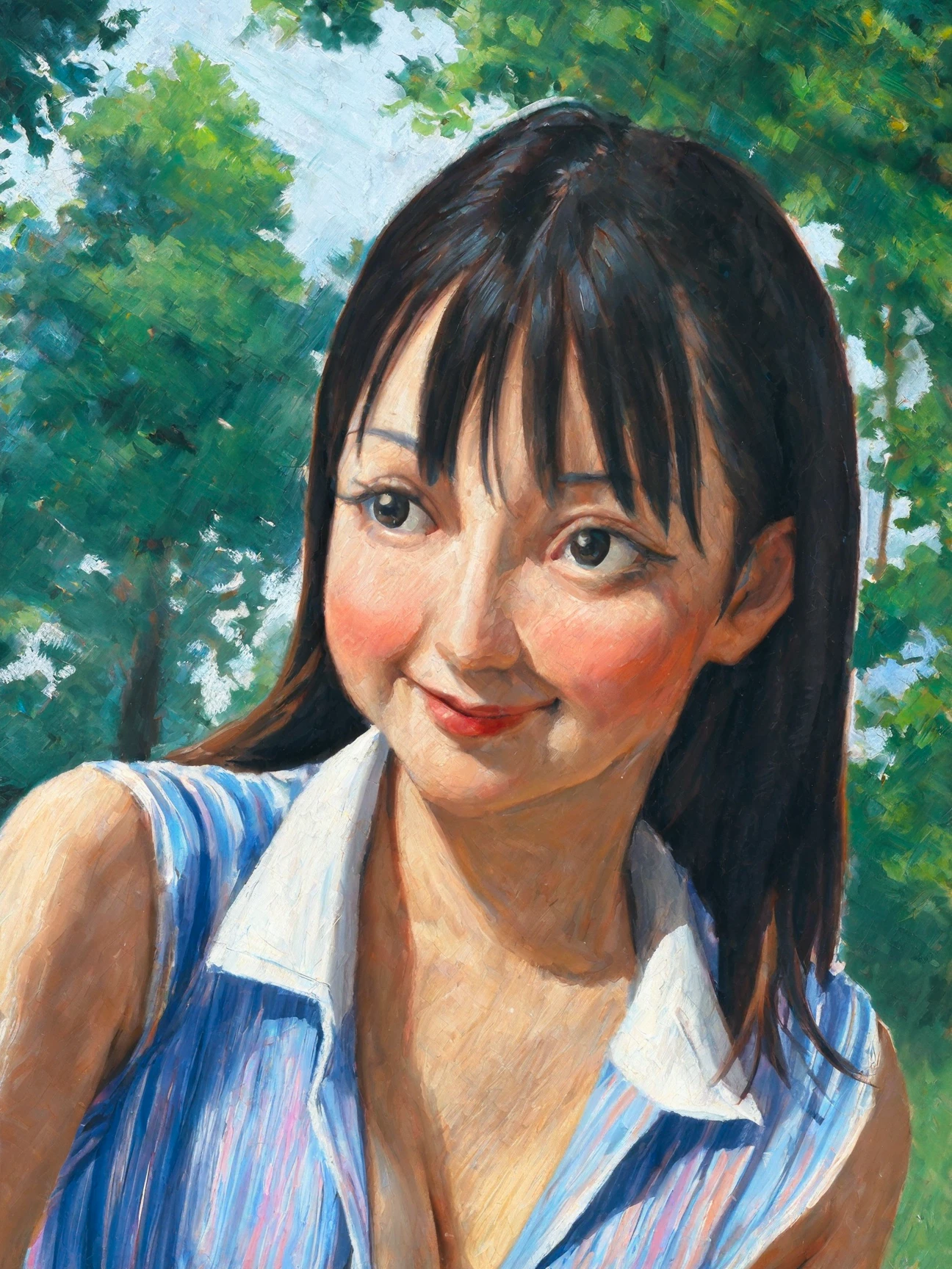 masterpiece, best quality, absurdres, highres, 1girl, solo, smile, sleeveless shirt, nature, oil painting, traditional medium