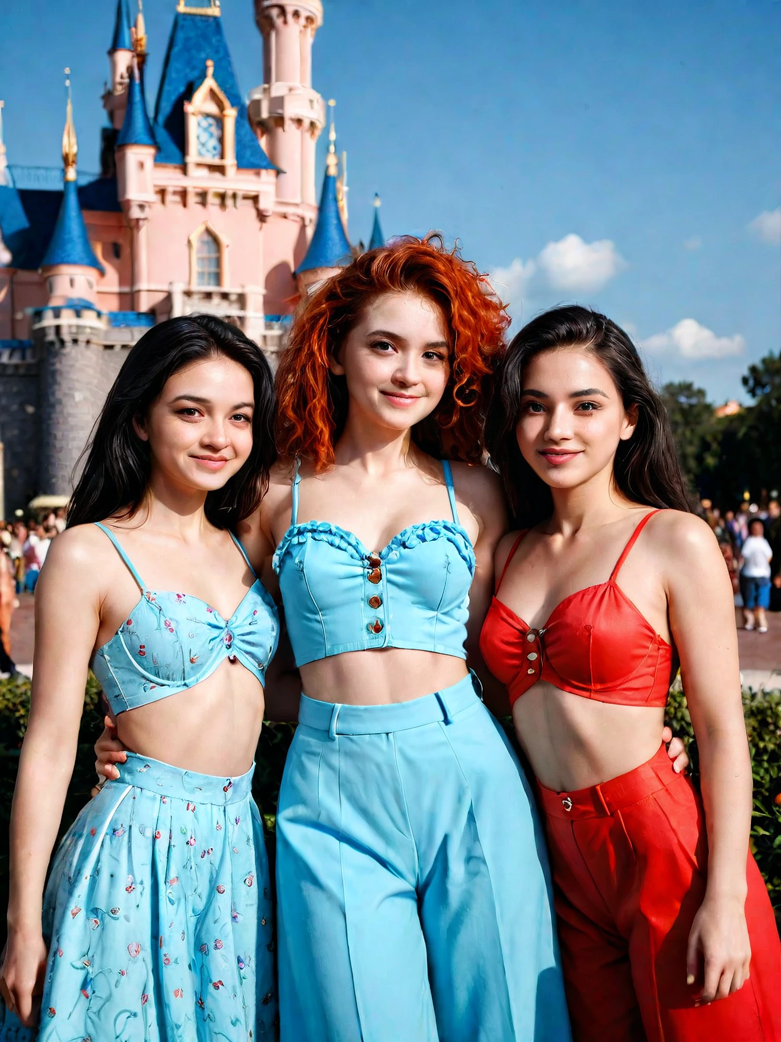 ntricatedetails, masterpiece, three friends posing in front of the castle at Disneyworld, 1993, big hair, 90's clothes, film grain, 8k