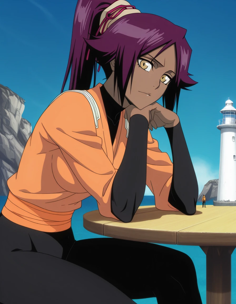 masterpiece, best quality, amazing quality,, <lora:yoruichi-shihouin-anime-illustriousxl-lora-nochekaiser:1>, yoruichi shihouin, shihouin yoruichi, long hair, yellow eyes, ponytail, purple hair, dark skin, dark-skinned female, mature female, medium breasts, anime screencap, bodysuit, black bodysuit, bodysuit under clothes, orange shirt, long sleeves,, sitting, elbow rest, table,, lighthouse, light, sea, tall, guidance, cowboy shot, solo, looking at viewer