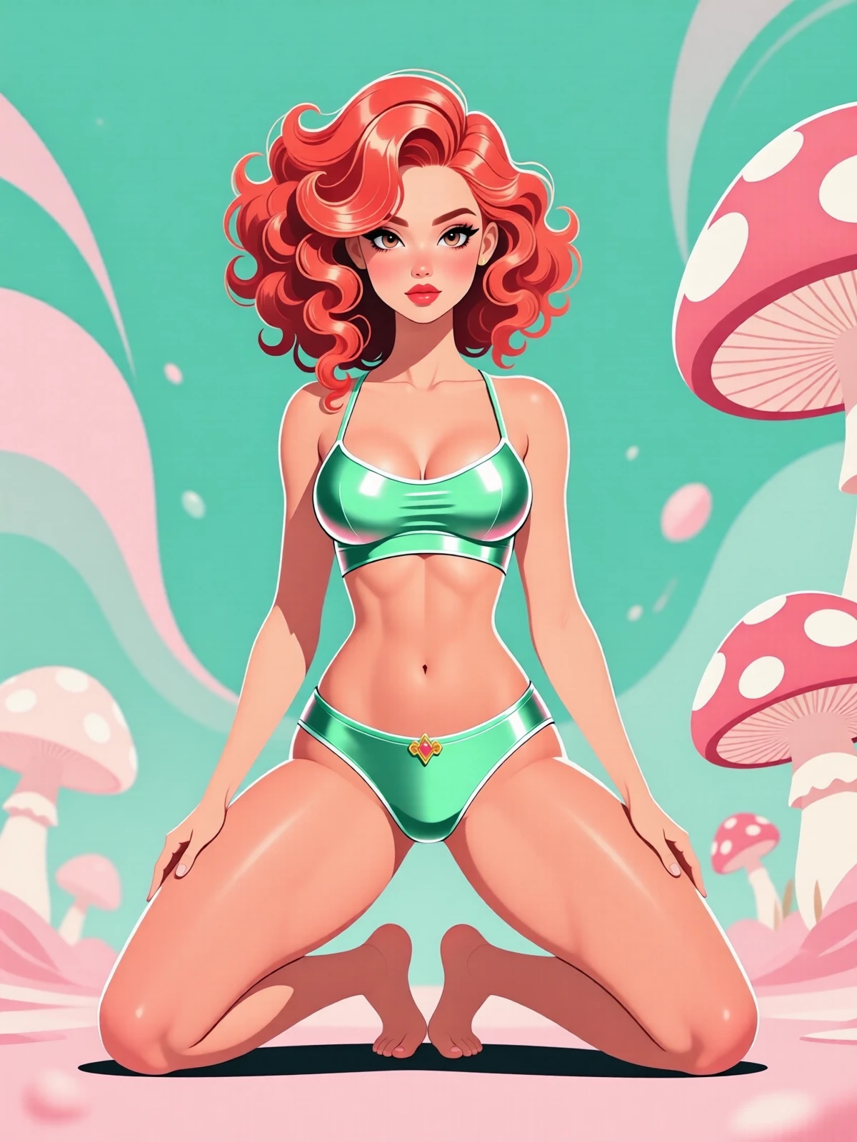 Minimalist flat vector art; flat colors; no lineart; simple shapes; soft, subtle gradients; A slim, toned, atheletic woman with drill curls glimmering light crimson hair, wearing Peplum tankini and classic briefs Pose: knees together, feet apart background: wispy abstract image, Mushroomcore style color scheme: glimmering lightpink and brushed limegreen metal <lora:QwenVectorPinup_v1:1.0> <lora:Qwen-Image-Lightning-4steps-V1.0-bf16:1.0>