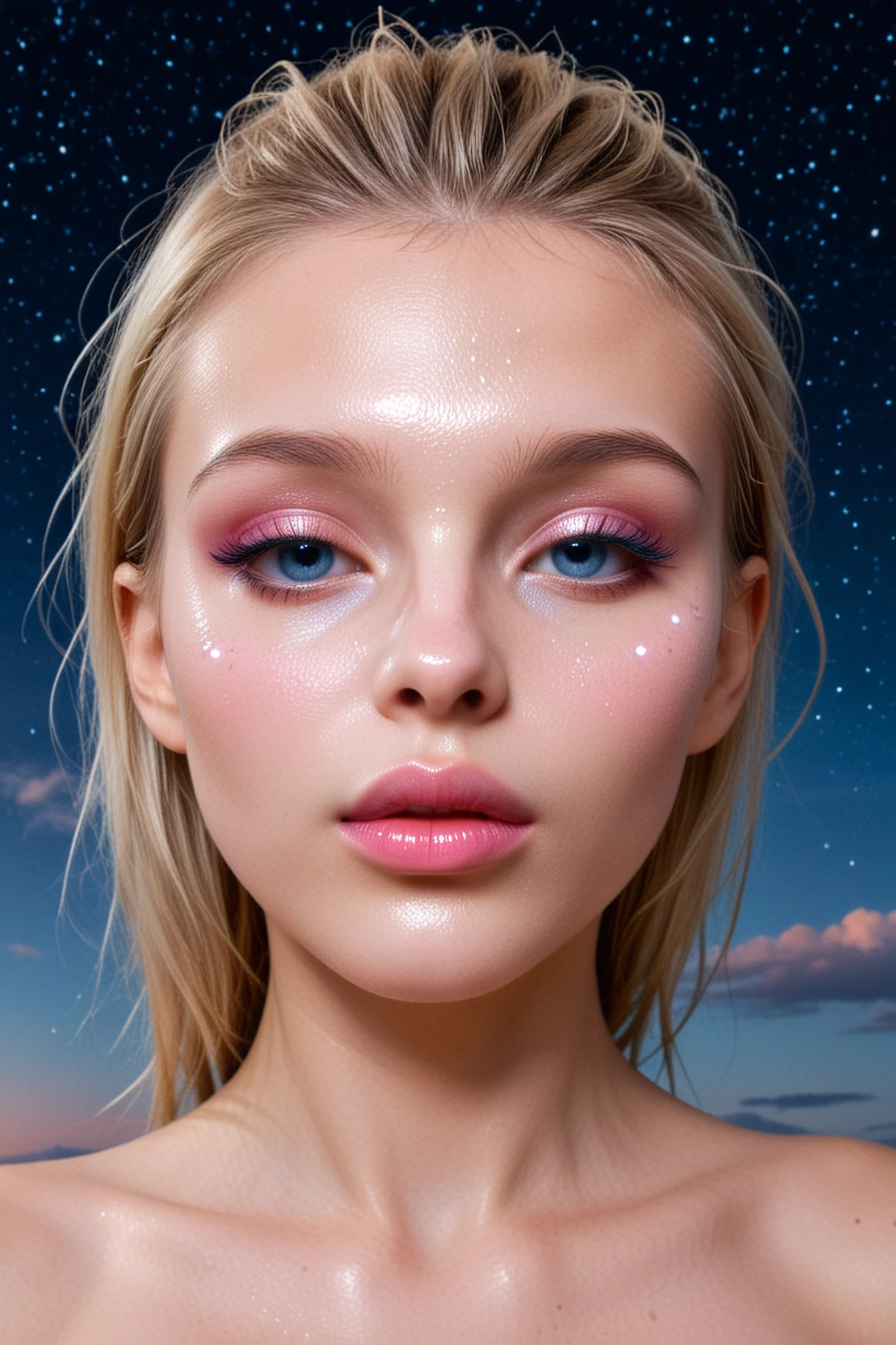 brnadia, front view, pearlescent paint facemask, sleek, skin textures, skin details, skin imperfections, photorealistic , glowing eyes, long eyelashes, spiky 80's hair, subsurface bioluminescence, night, starry sky, clouds, parted lips, glossy lips, pink lips,
