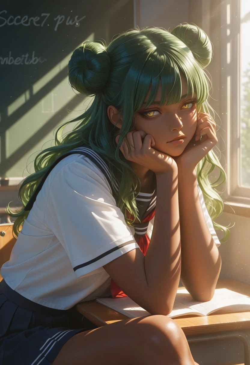 score_9, score_8_up, score_7_up,portrait , best quality, masterpiece, nemesis, full color, double bun, green hair, yellow eyes, bored, school uniform, sitting on desk in school, crossed legs, head resting on hand, elbow resting on desk,, from side, long hair, dark skin, , realistic,sunny day in background,