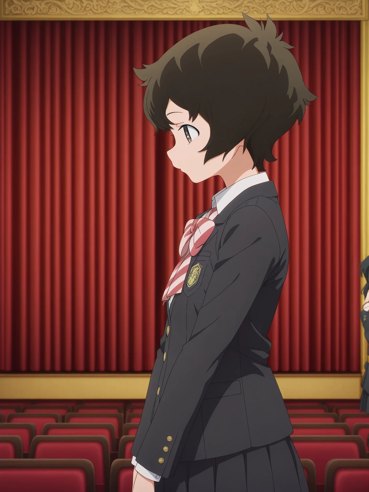 masterpiece, best quality, amazing quality,, <lora:minoru-ookuma-s1-illustriousxl-lora-nochekaiser:1>, minoru ookuma, short hair, brown hair, black hair, brown eyes, anime screencap,, skirt, long sleeves, jacket, black skirt, black jacket, blazer, bow, bowtie, stripped, stripped bowtie,, from side, theater, stage, seats, performance, curtains, cowboy shot, solo, looking at viewer,