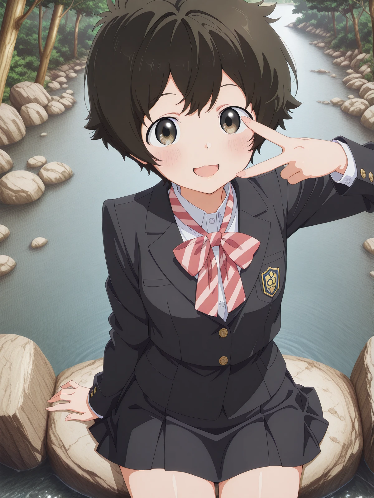 masterpiece, best quality, amazing quality,, <lora:minoru-ookuma-s1-illustriousxl-lora-nochekaiser:1>, minoru ookuma, short hair, brown hair, black hair, brown eyes, anime screencap,, skirt, long sleeves, jacket, black skirt, black jacket, blazer, bow, bowtie, stripped, stripped bowtie,, <lora:gyaru-v-illustriousxl-lora-nochekaiser:1>, gyaruv, solo, looking at viewer, blush, smile, open mouth, sitting, v, from above, arm up,, stream, water, rocks, flow, forest, cowboy shot, solo, looking at viewer, <lora:transparent-background-illustriousxl-lora-nochekaiser:1>, transparent background, simple background, white background