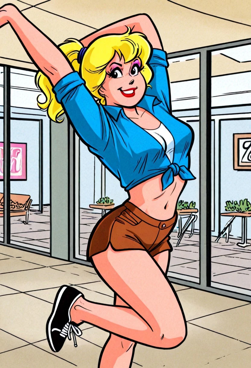 perfect , perfect eyes, close-up, sultry face, smile, ((looking at viewer, eye contact)), arched back, pose, showing off her body, teasing viewer, arms up, arm behind head, stretching, indoors, mall,
Betty, 1girl, solo, blonde hair, ponytail, , lipstick, red lips, makeup retro artstyle, 1980s (style), shirt, tied shirt, blue shirt, blue hair tie, white undershirt, shirt, midriff, shoes, navel, solo, shorts, Brown shorts, booty shorts, black footwear