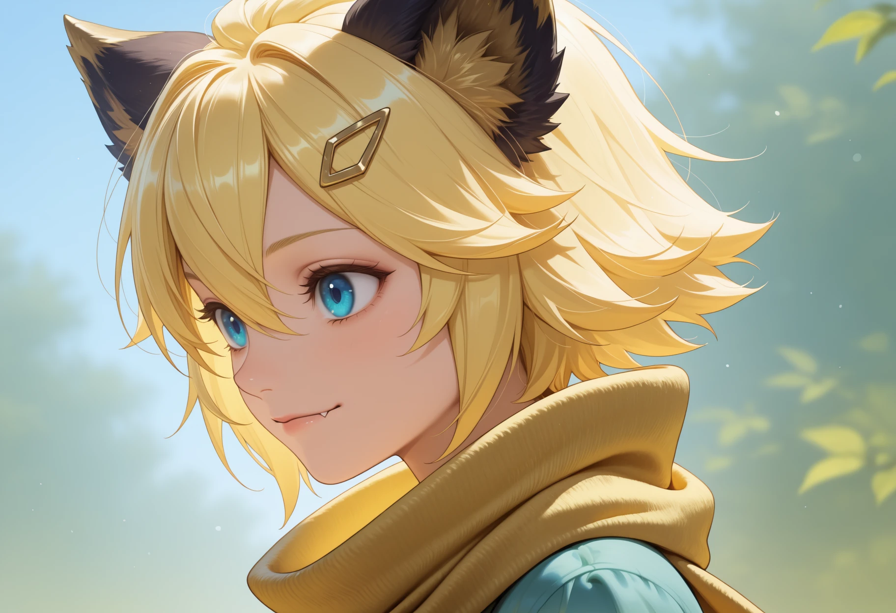 blonde hair, short hair, animal ears, hair between eyes, blue eyes, hairclip, fang out, closed mouth, light smile, yellow scarf, portrait, from side, <lora:joy_mlbb:1>