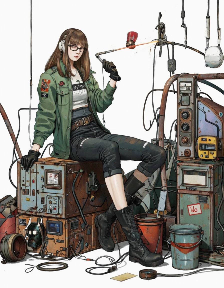 SerBira Style. A digital illustration shoot from the side about a stylized character with a futuristic aesthetic, sitting atop a pile of old, rusty machines. the image also shows a young woman with long brown hair, wearing a green jacket, black pants, and black boots, sitting in the middle of the image. she has a serious expression and is holding a welding torch in her right hand. the woman is wearing black-framed glasses and has a tattoo on her left arm. she is surrounded by various electronic devices and boxes, including a "lol" sign on one of the machines, and a bucket on the ground next to her. the background is a plain white.
1girl, solo, long hair, shirt, black hair, gloves, sitting, full body, jacket, white background, boots, glasses, pants, black footwear, black jacket, tattoo, gas mask, bucket, welding